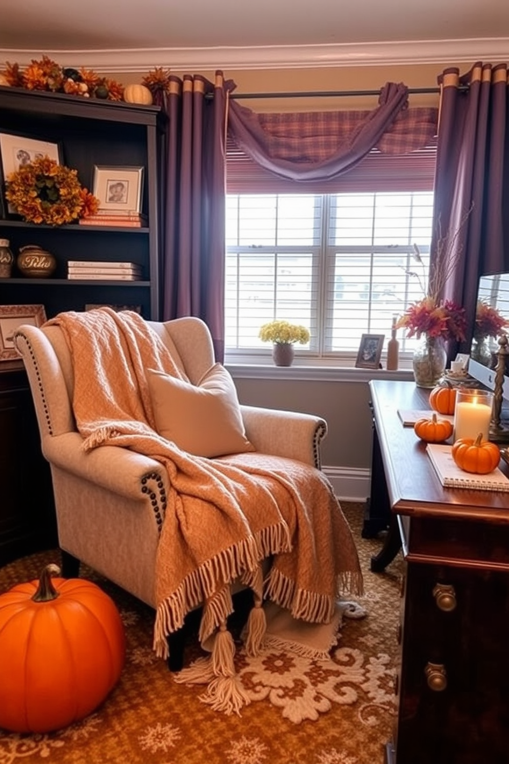 A cozy home office setting designed for the fall season. A plush armchair is draped with a soft throw, inviting warmth and comfort during chilly days. The desk is adorned with autumn-themed decor, including small pumpkins and a scented candle. Rich, warm colors dominate the space, with deep orange and golden accents enhancing the seasonal atmosphere.