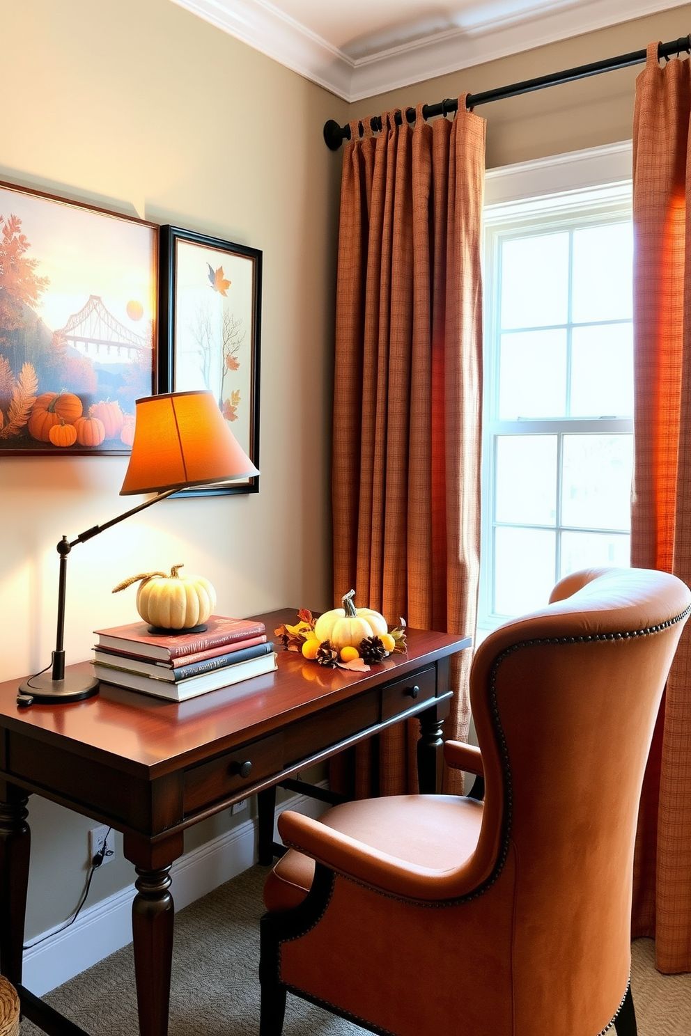 A cozy fall-themed home office with a wooden desk positioned against a wall adorned with autumn-inspired artwork. A warm color desk lamp sits on the desk, casting a soft glow over a stack of books and a seasonal centerpiece made of pumpkins and leaves. The room features a comfortable chair upholstered in rich, earthy tones, inviting relaxation and productivity. Soft, textured curtains frame the window, allowing natural light to filter in while complementing the warm color palette.