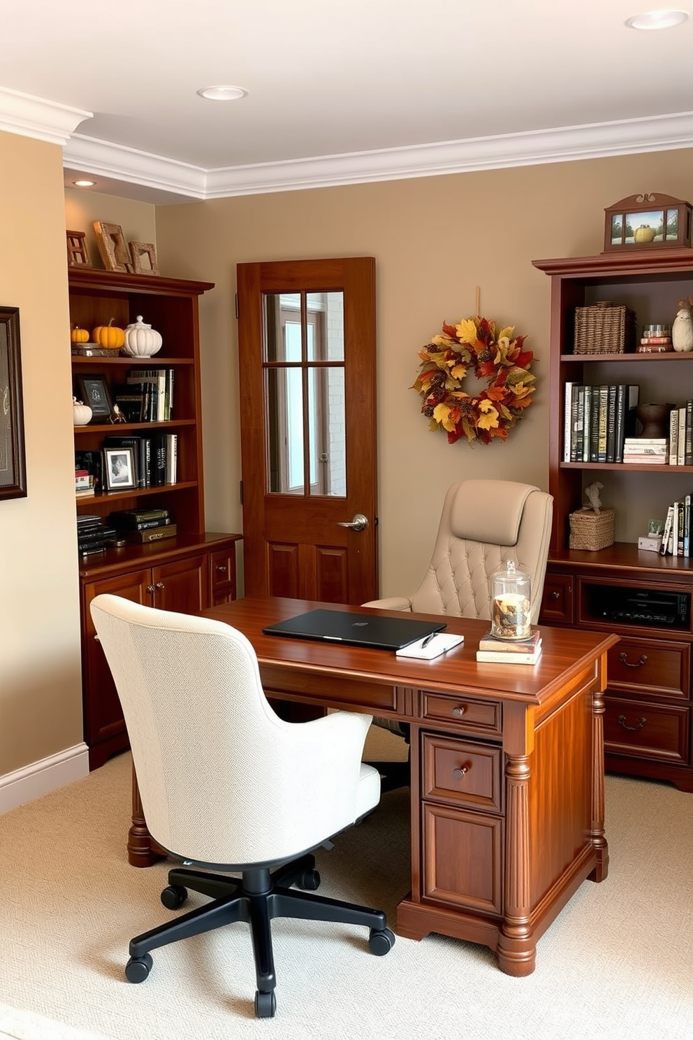 A cozy home office designed for the fall season. The room features a large wooden desk with a comfortable ergonomic chair, surrounded by bookshelves filled with autumn-themed decor and books. The walls are painted in a warm beige tone, enhancing the inviting atmosphere. A seasonal wreath made of colorful leaves and pinecones adorns the door, welcoming guests with a touch of fall charm.