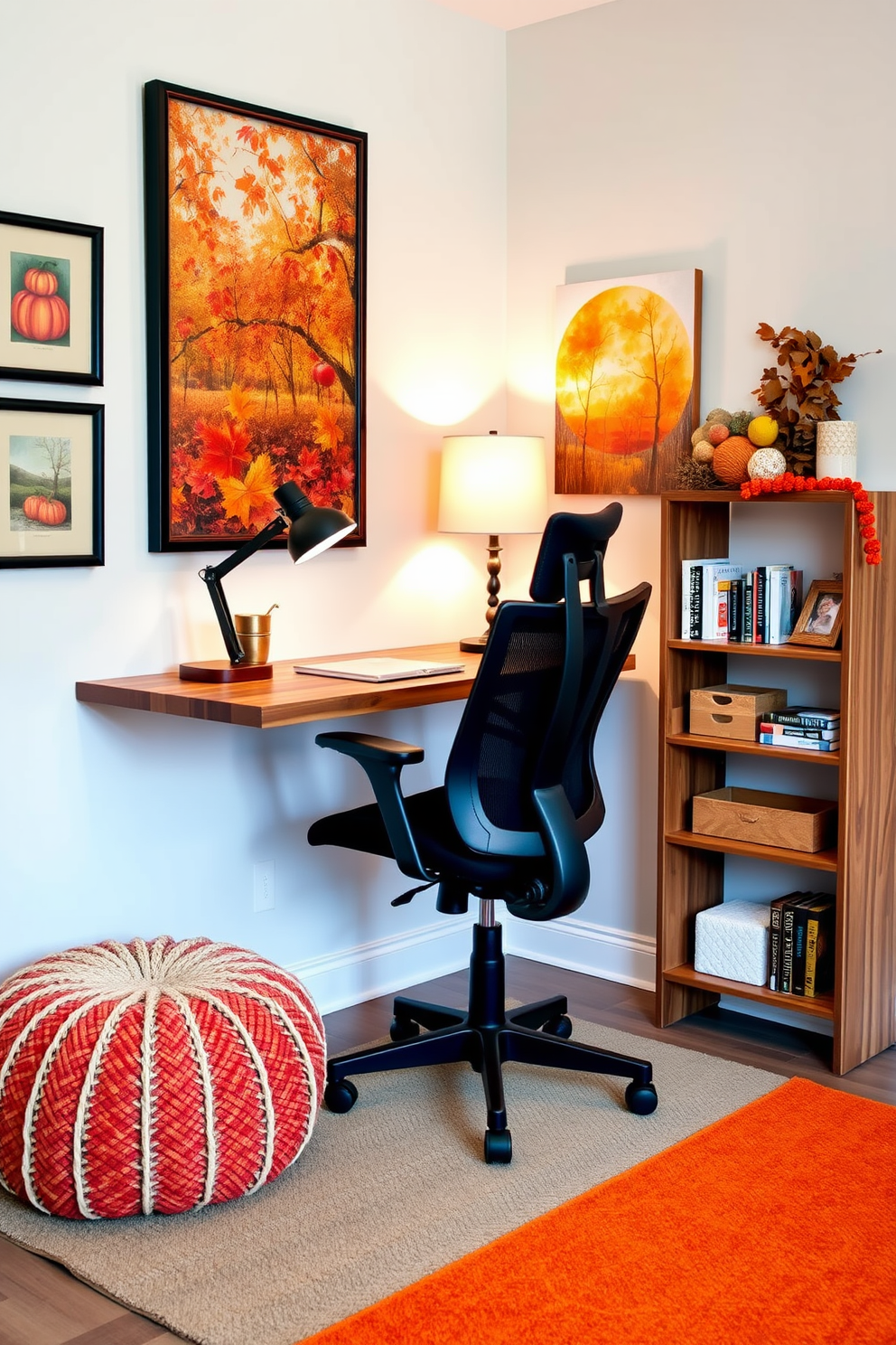 A cozy fall home office setting features a stylish desk made of reclaimed wood paired with a comfortable ergonomic chair. In the corner, a soft knitted pouf provides additional seating, inviting relaxation during breaks. The walls are adorned with warm autumn-inspired artwork, while a rich orange accent rug anchors the space. A small bookshelf filled with seasonal decor and books adds personality, creating an inviting atmosphere for productivity.