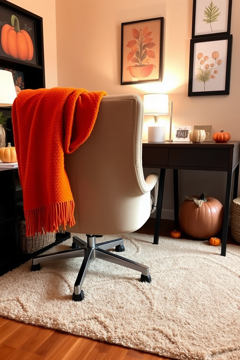 A cozy home office decorated for fall features a warm color palette with pumpkin accents scattered throughout the space. A plush orange throw blanket drapes over the back of a stylish chair, while small decorative pumpkins sit on the desk alongside a steaming mug of spiced cider. The walls are adorned with autumn-themed artwork, creating an inviting atmosphere for productivity. A soft rug in earthy tones anchors the room, complementing the seasonal decor and enhancing the overall warmth of the space.