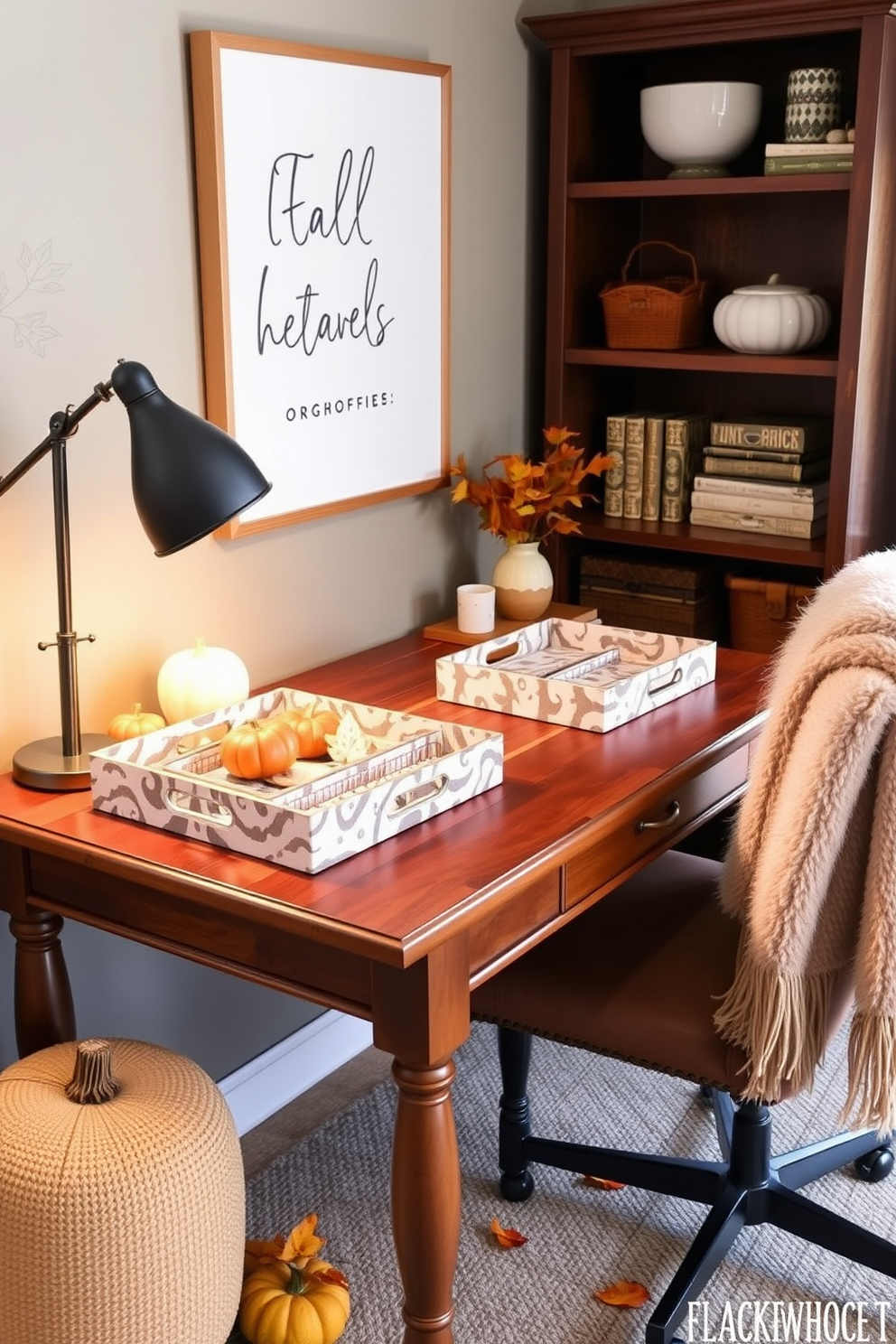 A cozy fall-themed home office featuring a wooden desk adorned with decorative trays for organization. The desk is surrounded by warm-toned accents like a plush chair, a soft throw blanket, and seasonal decor elements like small pumpkins and autumn leaves.