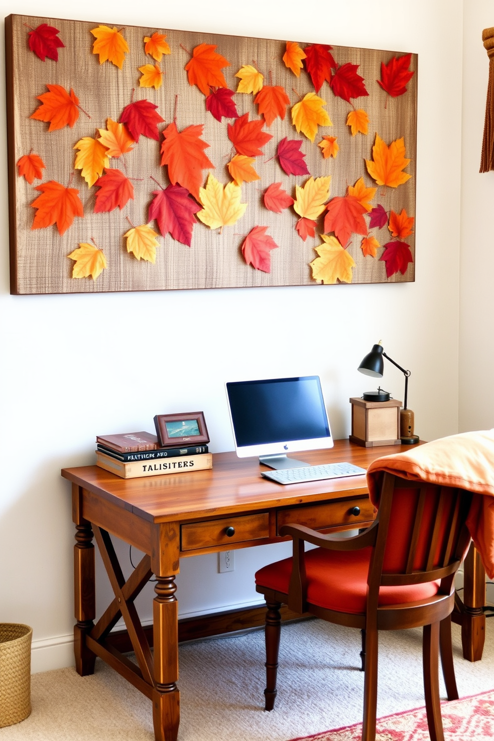 Autumn-themed wall art featuring vibrant leaves in shades of orange, red, and yellow adorns the walls of a cozy home office. A rustic wooden desk is positioned beneath the artwork, complemented by a plush chair upholstered in warm tones to create an inviting workspace.