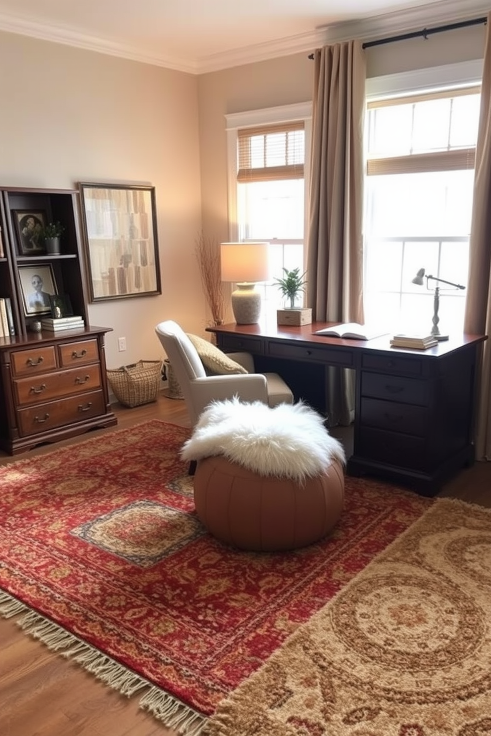 A cozy fall home office setting with layered rugs adding texture and comfort. The space features a large wooden desk, a plush armchair, and warm lighting to create an inviting atmosphere.