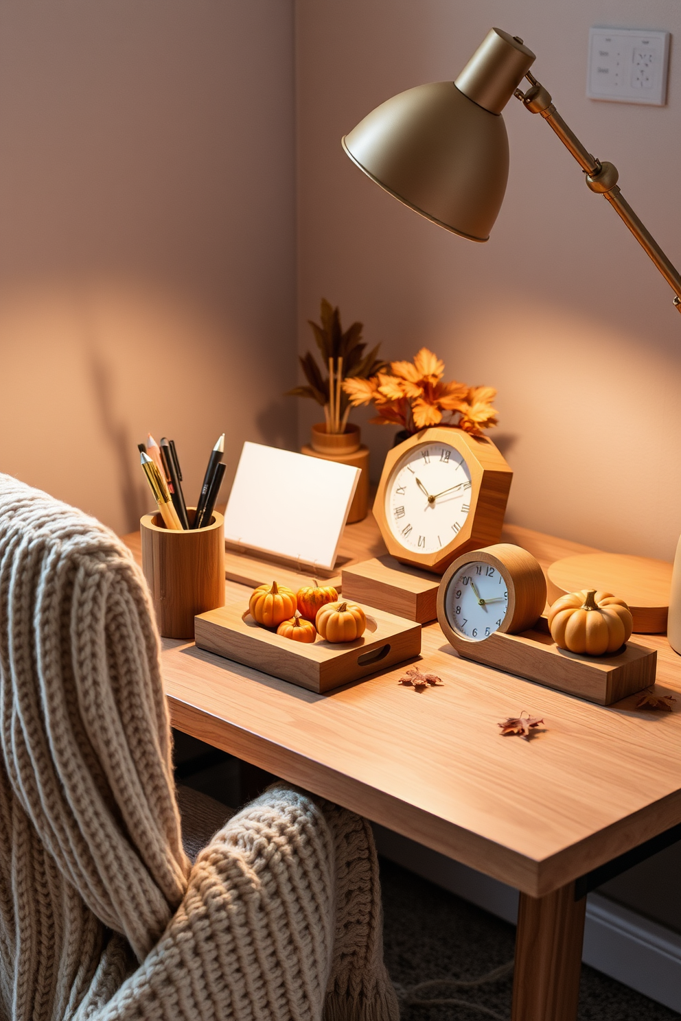 A collection of wooden desk accessories designed to create a natural and warm atmosphere. The desk features a handcrafted wooden pen holder, a rustic paper tray, and a unique wooden clock, all harmonizing with the earthy tones of the workspace. Incorporate seasonal elements like small pumpkins and autumn leaves to enhance the cozy fall vibe. A soft knit throw drapes over the chair, complemented by a warm-toned desk lamp that casts a gentle glow in the evening light.