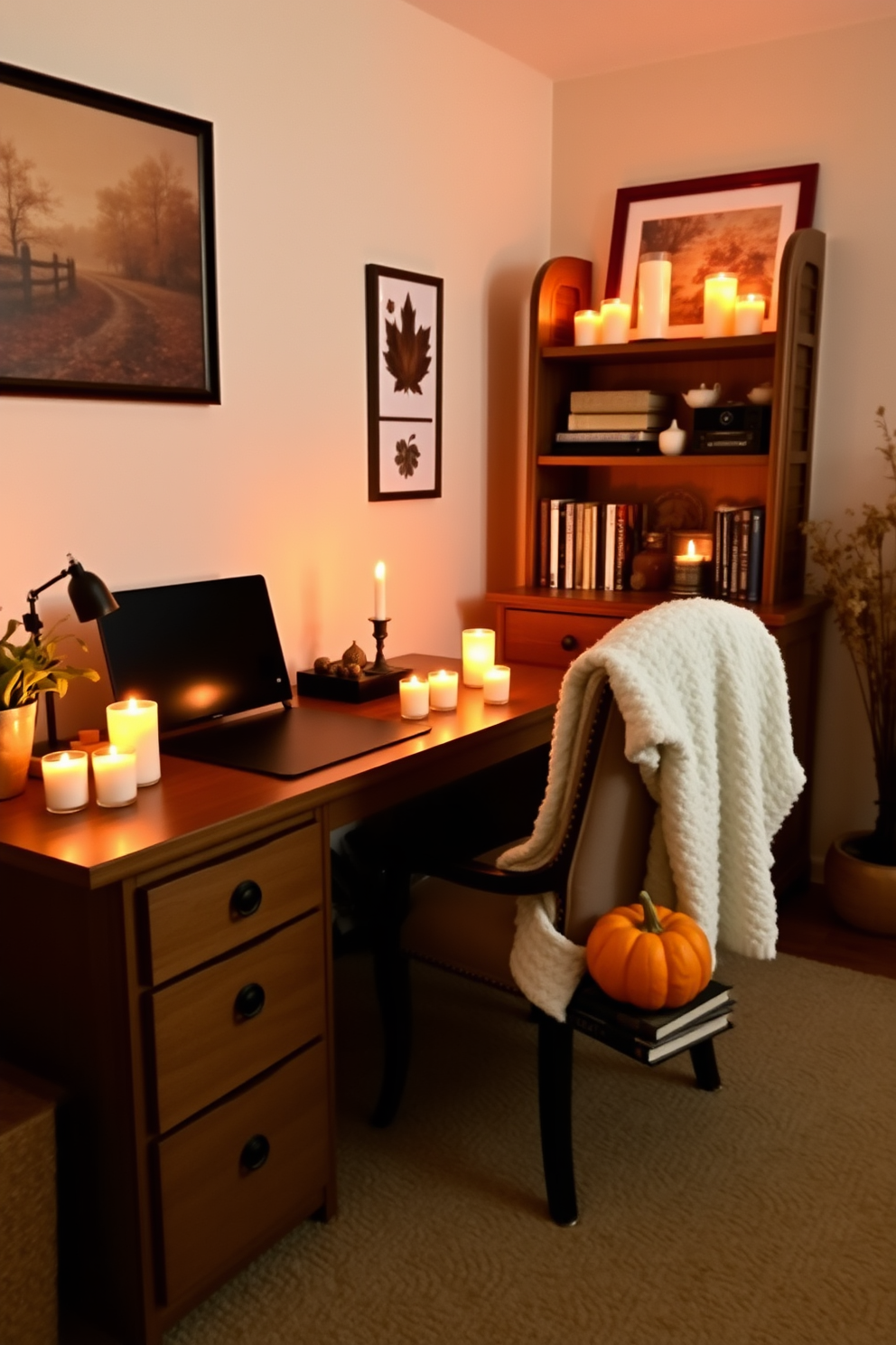 A cozy home office setting filled with warm candlelight. Soft, flickering candles are placed on the desk and shelves, creating a serene atmosphere perfect for productivity. The walls are adorned with autumn-themed artwork and rich, earthy tones. A plush throw blanket drapes over the chair, and a small pumpkin sits next to a stack of books for seasonal charm.