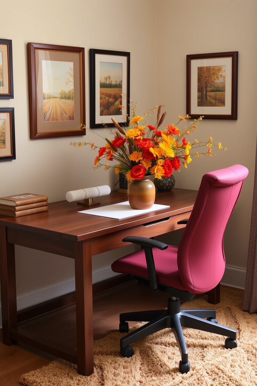 A cozy home office setting that embraces the warmth of fall. The desk is made of rich walnut wood, accompanied by a comfortable ergonomic chair in deep burgundy. On the desk, a cluster of seasonal flowers in vibrant shades of orange and yellow are arranged in a rustic ceramic vase. The walls are adorned with framed autumn-themed artwork, and a plush area rug in earthy tones adds texture to the space.