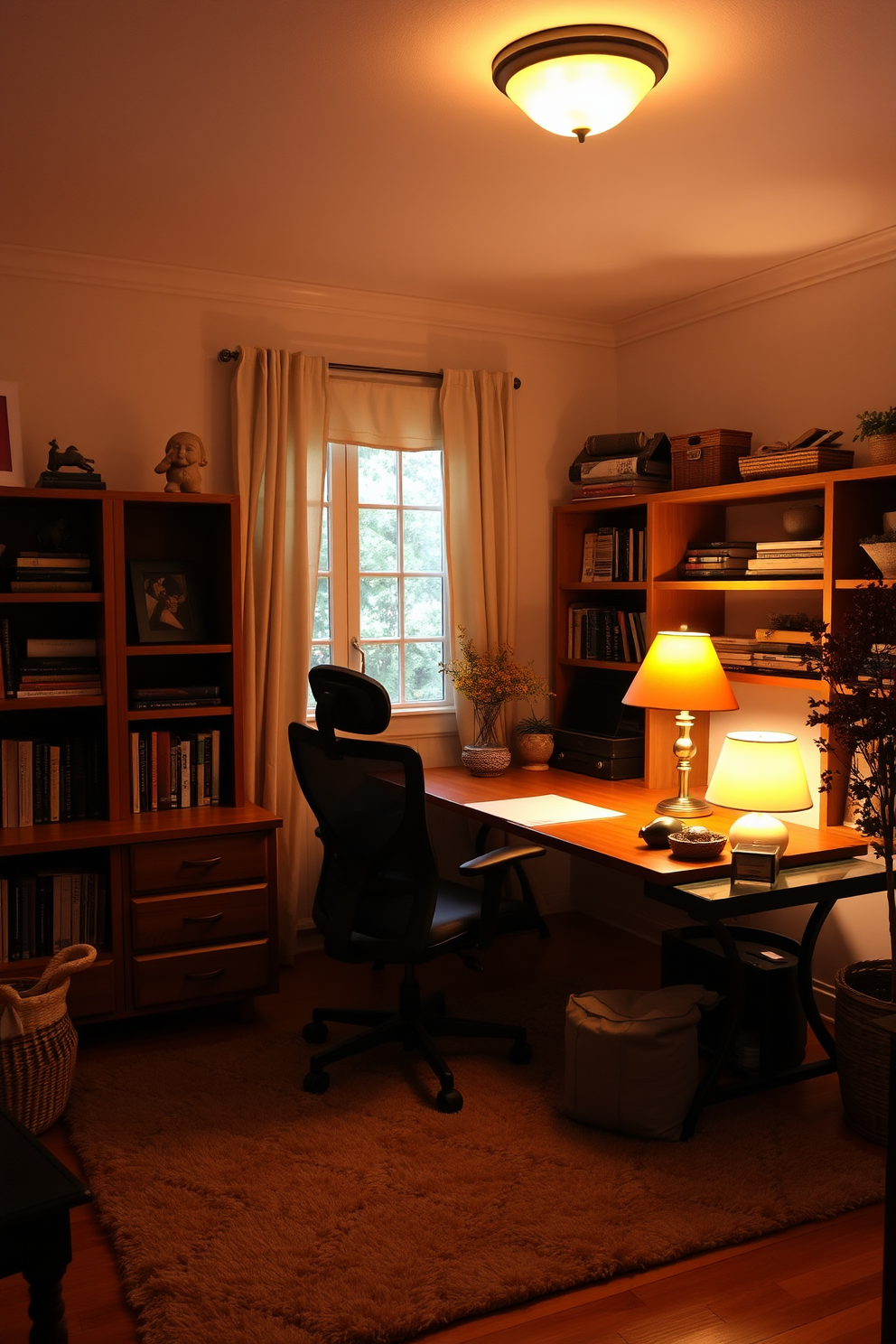 A cozy home office bathed in soft lighting creates a warm and inviting atmosphere. The space features a large wooden desk with a comfortable ergonomic chair, surrounded by shelves filled with books and decorative items. Warm-toned lamps illuminate the room, casting a gentle glow over a plush area rug. A window dressed with soft curtains allows natural light to filter in, enhancing the serene fall color palette of oranges, browns, and deep greens.