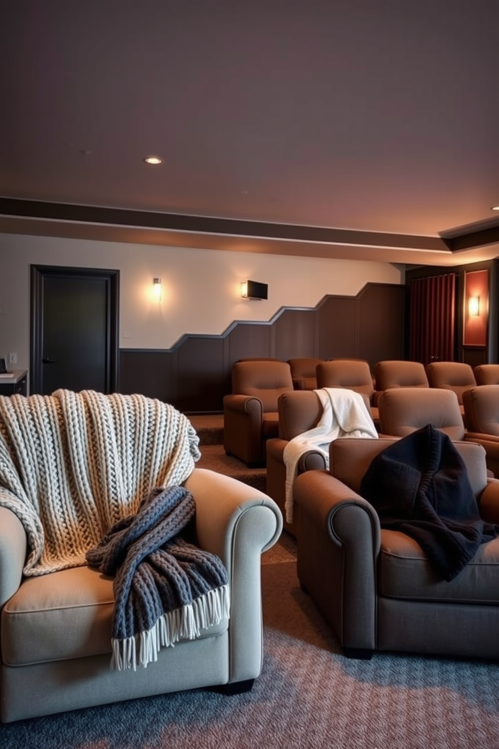 Cozy knit blankets draped over plush armchairs create a warm and inviting atmosphere in the living room. Soft, earthy tones and layered textures enhance the comfort of the space, making it perfect for relaxation. A home theater adorned with rich, dark colors and ambient lighting sets the stage for an immersive viewing experience. Comfortable seating arranged in a semi-circle ensures that everyone enjoys the film while surrounded by cozy decor elements.