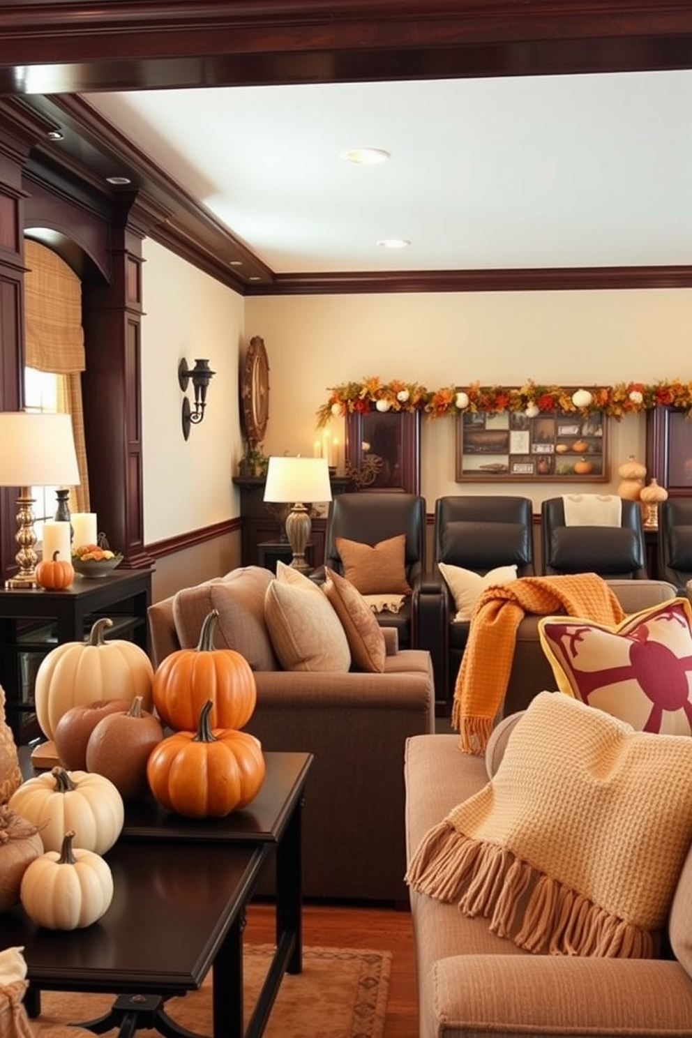 Decorative pumpkins in various sizes and colors are arranged on side tables, creating a warm and inviting atmosphere. Soft, ambient lighting enhances the cozy feel, while autumn-themed throw pillows and blankets add a seasonal touch. The home theater features rich, dark wood accents and plush seating, perfect for enjoying fall movie nights. Warm-toned decor elements, such as leaf garlands and candle arrangements, complement the overall autumn aesthetic.