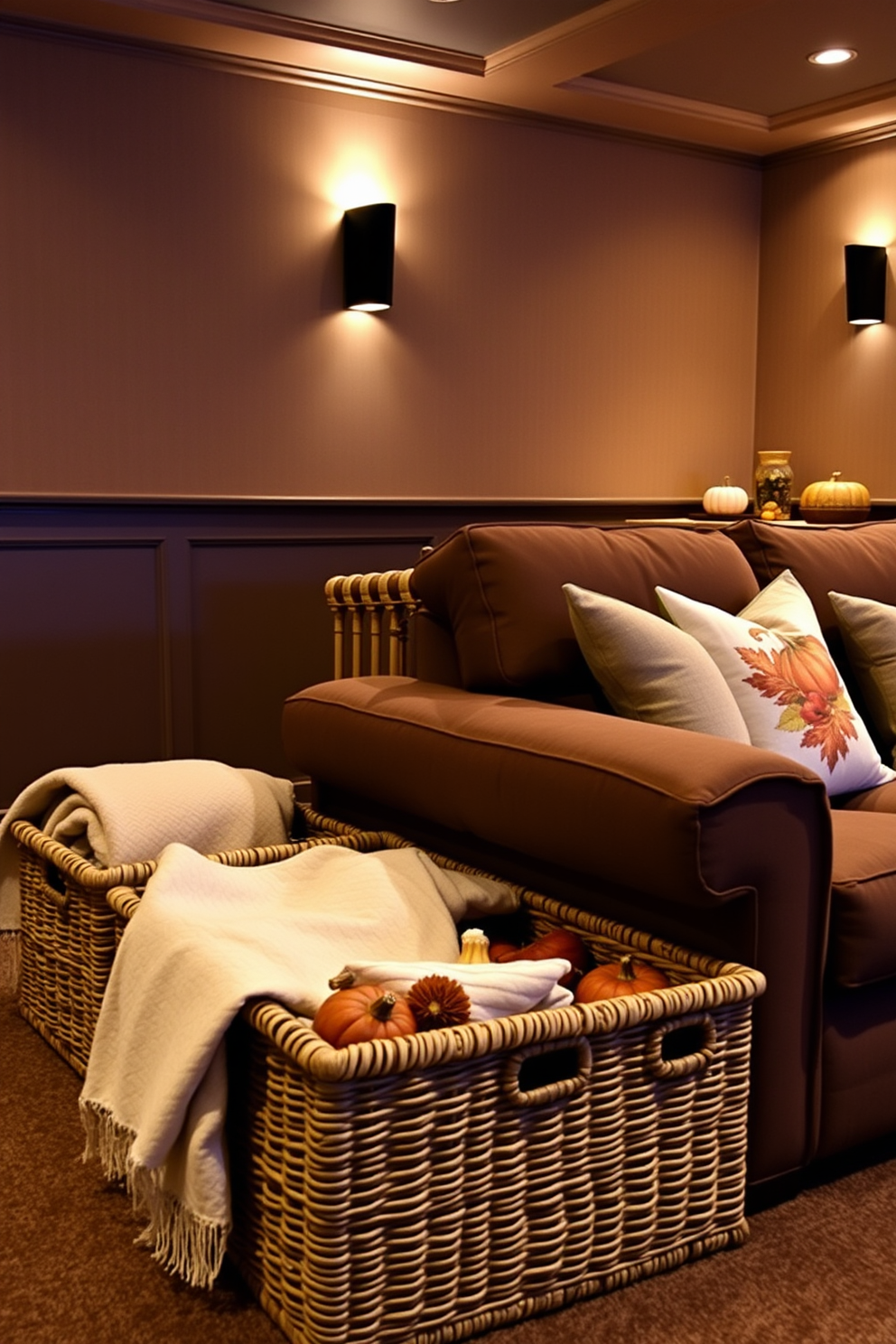 A cozy home theater space featuring woven baskets for blanket storage. The baskets are neatly arranged beside a plush sectional sofa adorned with autumn-themed throw pillows. Soft ambient lighting illuminates the room, creating a warm and inviting atmosphere. Rich, earthy tones dominate the color palette, complemented by decorative accents like pumpkins and fall foliage.