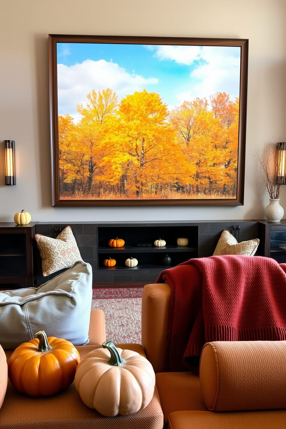 Seasonal artwork featuring fall landscapes. A cozy living room showcases a large canvas depicting vibrant autumn trees with golden leaves, framed in rustic wood. Fall Home Theater Decorating Ideas. The home theater is adorned with plush, warm-toned seating and a large screen, complemented by decorative pumpkins and soft throw blankets in rich, earthy colors.