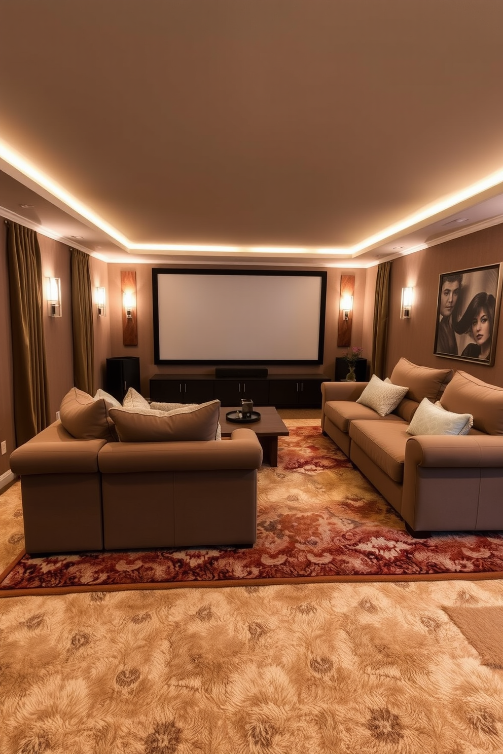 A cozy home theater space featuring soft rugs in warm earthy tones. The seating area includes plush sofas arranged around a large screen, with ambient lighting creating a welcoming atmosphere.