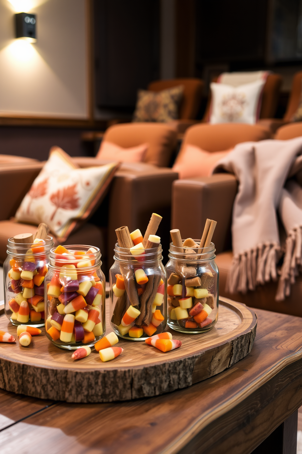 Mason jars filled with fall treats are arranged on a rustic wooden table. Each jar is filled with a colorful assortment of candy corn, caramel apples, and cinnamon sticks, creating a warm and inviting autumn display. The home theater features cozy seating with plush cushions in rich earth tones. Soft ambient lighting casts a warm glow, while decorative throw blankets are draped over the chairs for added comfort.