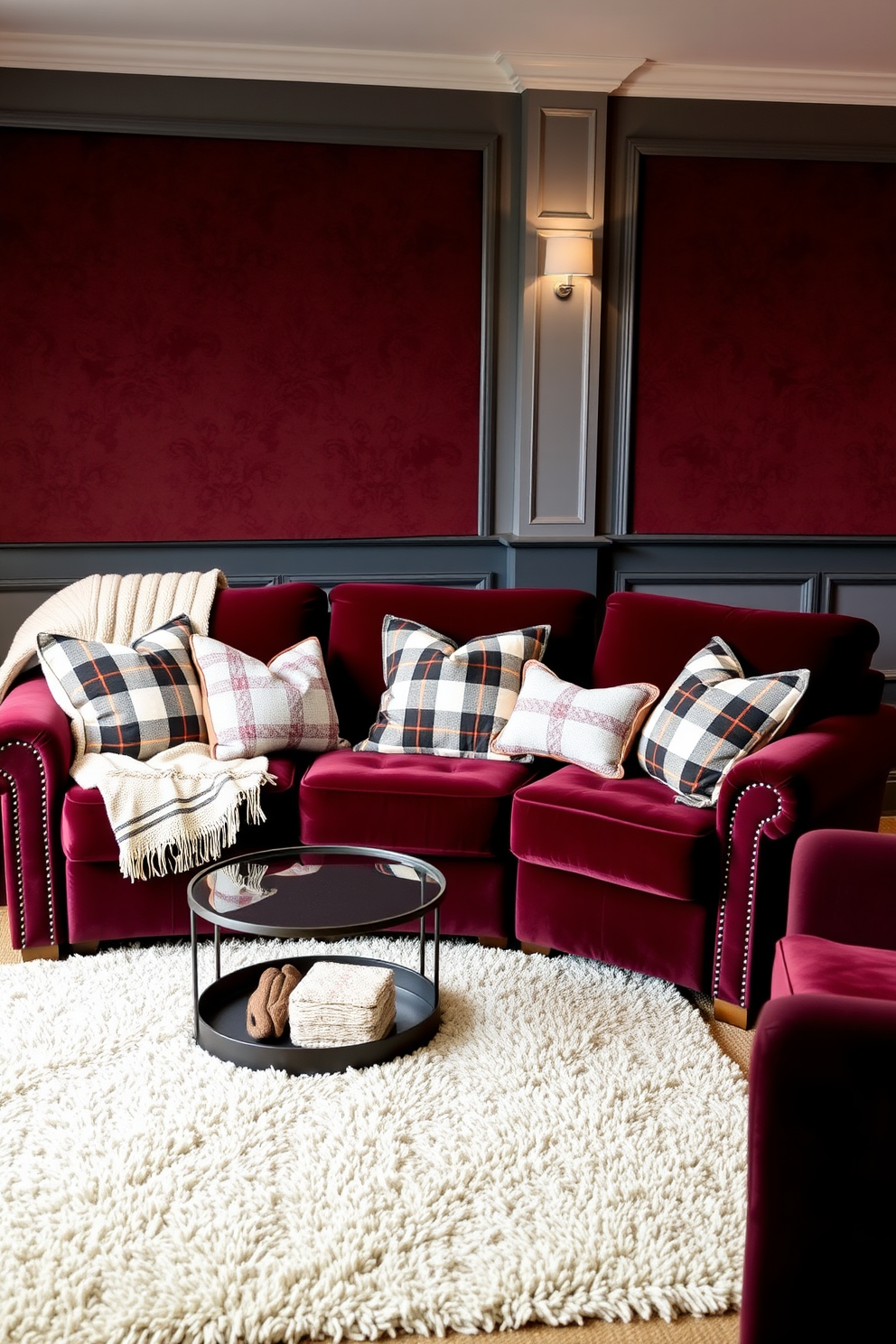 A cozy home theater designed for fall with layered textures featuring plaid and velvet. The seating area includes a plush velvet sofa in deep burgundy paired with plaid throw pillows, complemented by a soft, textured area rug.