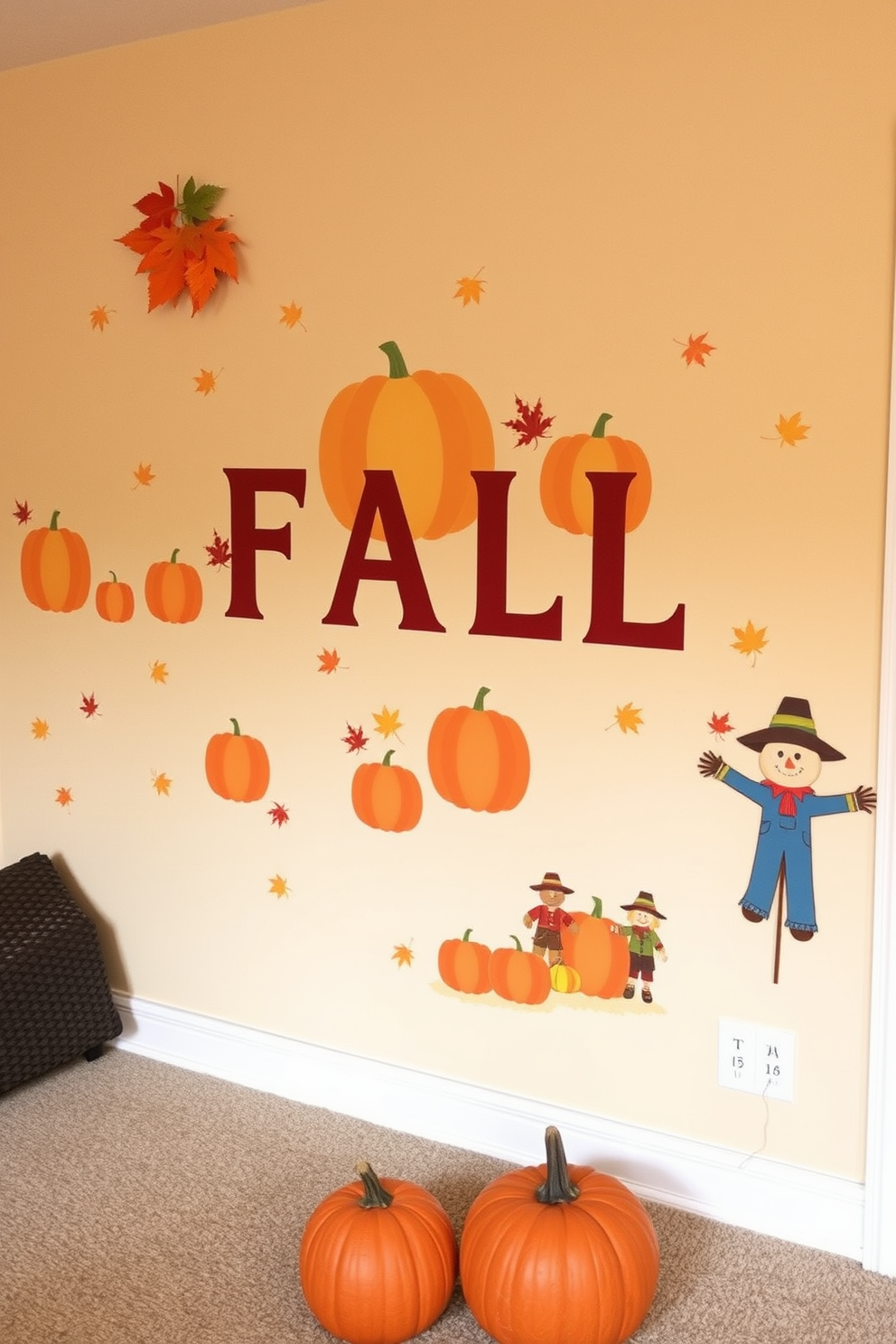 Create a cozy home theater space adorned with harvest-themed wall decals that celebrate the essence of Fall. The walls are decorated with vibrant pumpkins, colorful leaves, and playful scarecrows, enhancing the warm ambiance of the room.