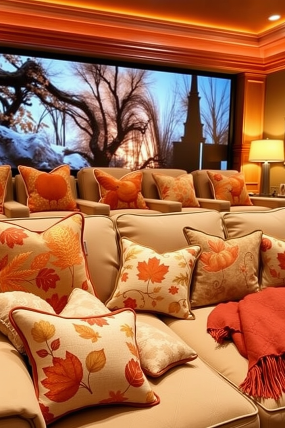 Toss cushions adorned with vibrant fall motifs create a cozy and inviting atmosphere in your living space. Rich hues of orange, red, and gold complement the warm tones of autumn, making your home feel seasonally festive. In your home theater, incorporate plush seating with decorative throw pillows featuring fall patterns. Soft lighting and warm blankets enhance the ambiance, creating a perfect setting for enjoying movies on chilly evenings.