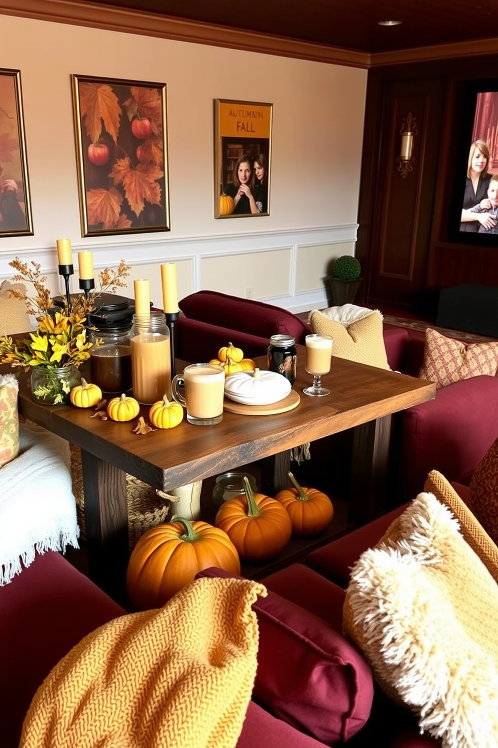 A cozy autumn-inspired drink station features a rustic wooden table adorned with an assortment of seasonal beverages including spiced cider and pumpkin lattes. Surrounding the table are decorative elements such as small pumpkins, colorful leaves, and warm-toned candles that create an inviting atmosphere. The fall home theater is designed with plush seating in rich burgundy and gold tones, complemented by soft throw blankets and decorative pillows. The walls are adorned with autumn-themed artwork, and a large screen showcases classic fall movies, enhancing the overall cozy vibe.