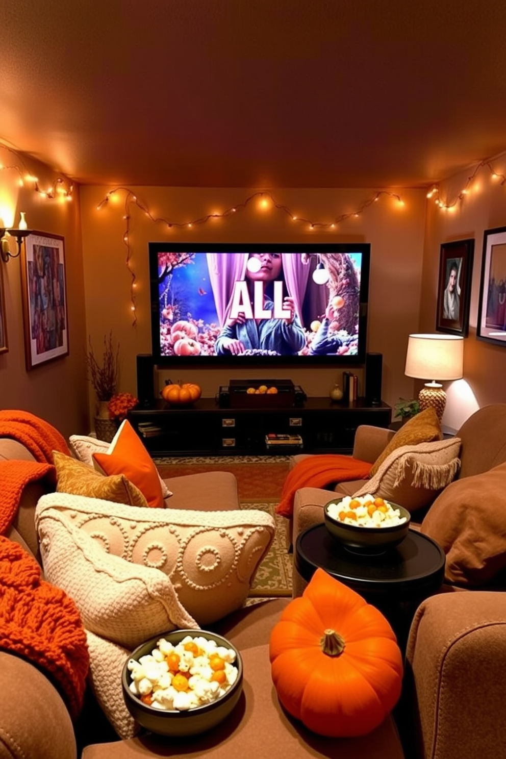 Create a cozy home theater setting decorated for autumn. The room features plush seating with warm throw blankets and decorative pillows in fall colors, while popcorn bowls filled with seasonal snacks are placed on the side tables. The walls are adorned with autumn-themed artwork and string lights, creating a warm ambiance. A large screen displays a classic fall movie, inviting friends and family to enjoy a comfortable movie night together.