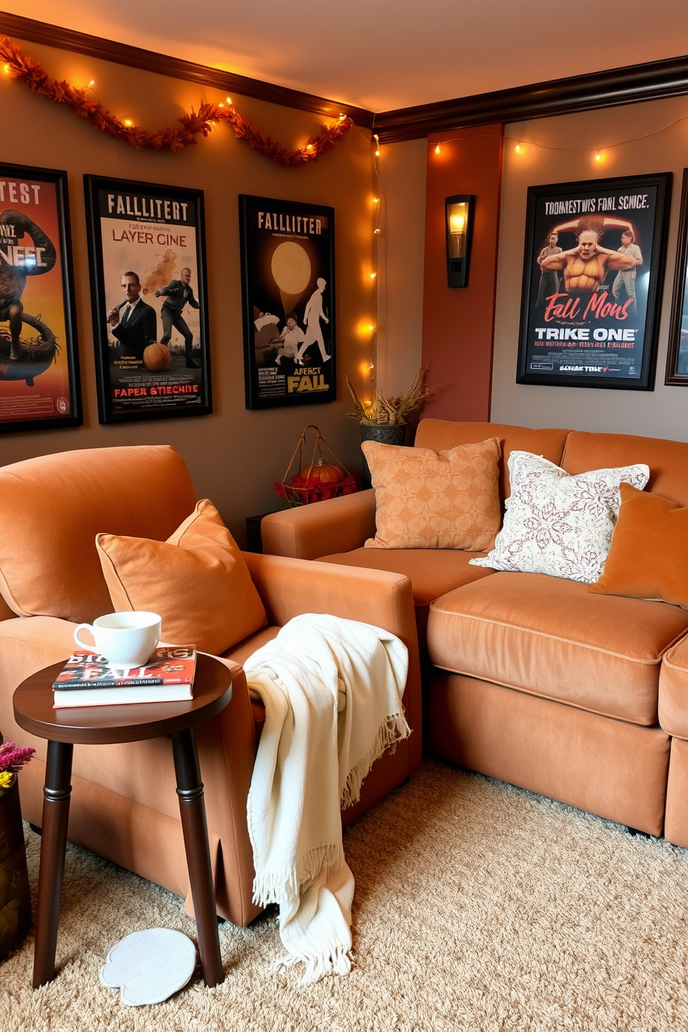 A cozy reading nook with a plush armchair upholstered in warm, earthy tones. A small wooden side table holds a steaming cup of tea and a stack of fall-themed books, while a soft throw blanket drapes over the armrest. Fall home theater decorating ideas featuring a large, comfortable sectional sofa adorned with cozy cushions in autumn hues. The walls are decorated with framed movie posters and string lights, creating a warm and inviting atmosphere for movie nights.