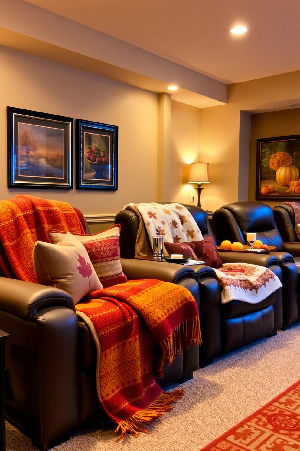 Cozy fall-themed throw blankets drape elegantly over plush armchairs in a warmly lit living room. The rich hues of orange, burgundy, and mustard create a welcoming atmosphere, complemented by soft pillows and autumn-inspired decor. A stylish home theater showcases deep brown leather recliners adorned with cozy fall-themed blankets. The walls are decorated with framed autumn art, and ambient lighting enhances the inviting, seasonal vibe.