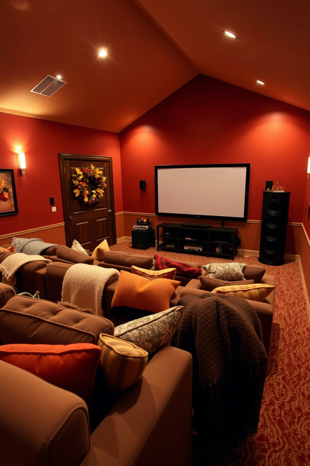 A warm and inviting home theater featuring plush seating arranged in a semi-circle around a large screen. The walls are adorned with rich autumn colors, and a seasonal wreath made of vibrant fall leaves and berries hangs on the entrance door. Soft ambient lighting creates a cozy atmosphere, enhancing the overall cinematic experience. Decorative throw blankets and pillows in earthy tones are scattered across the seating, adding comfort and style.