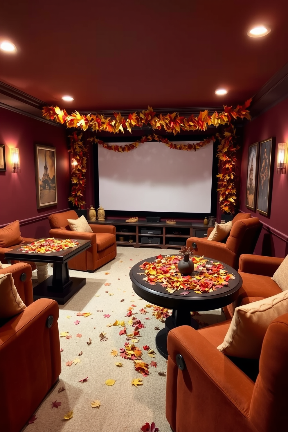 A cozy home theater adorned with colorful leaves scattered across the tables creates a warm autumn ambiance. Plush seating in rich earth tones complements the vibrant foliage, while soft lighting enhances the inviting atmosphere. The walls are painted in a deep burgundy hue, creating a perfect backdrop for seasonal decorations. A large screen is framed by garlands of faux fall leaves, adding a festive touch to the entertainment space.