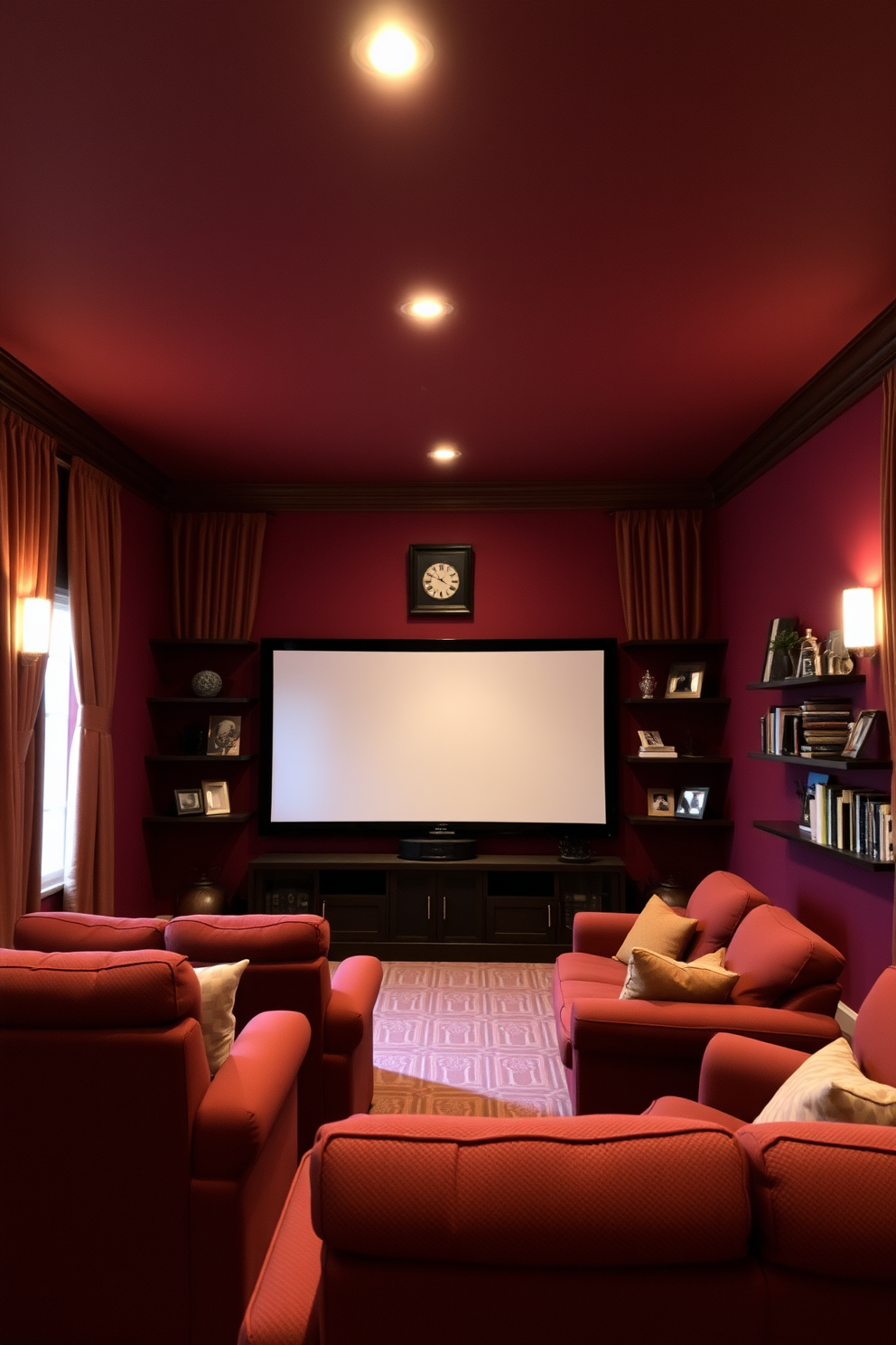 A cozy home theater setting with warm-toned curtains that create an inviting atmosphere. The walls are painted in a rich burgundy, and plush seating is arranged for optimal viewing comfort. Soft lighting fixtures are strategically placed to enhance the warmth of the space. A large screen is mounted on the wall, surrounded by decorative shelves filled with books and memorabilia.