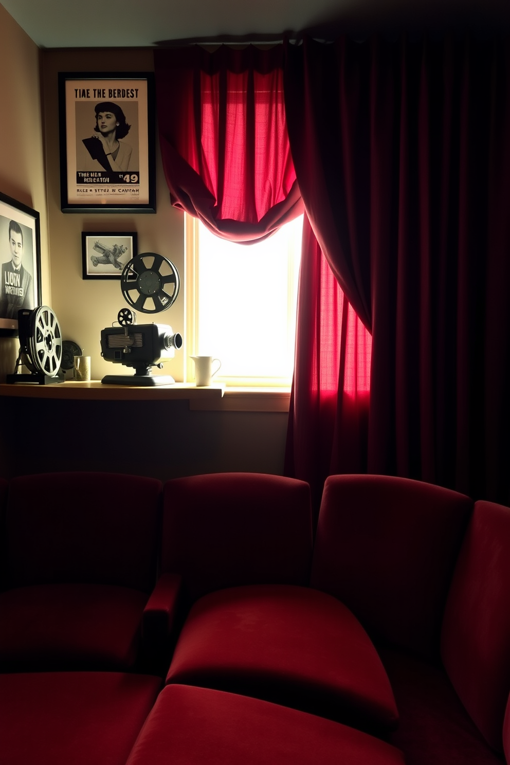 A vintage film projector serves as a striking centerpiece in a cozy home theater. The projector is elegantly displayed on a rustic wooden shelf, surrounded by classic film reels and framed black-and-white movie posters. Soft ambient lighting casts a warm glow over plush velvet seating arranged in a semicircle. Rich burgundy curtains frame the window, enhancing the cinematic atmosphere while adding a touch of sophistication to the space.