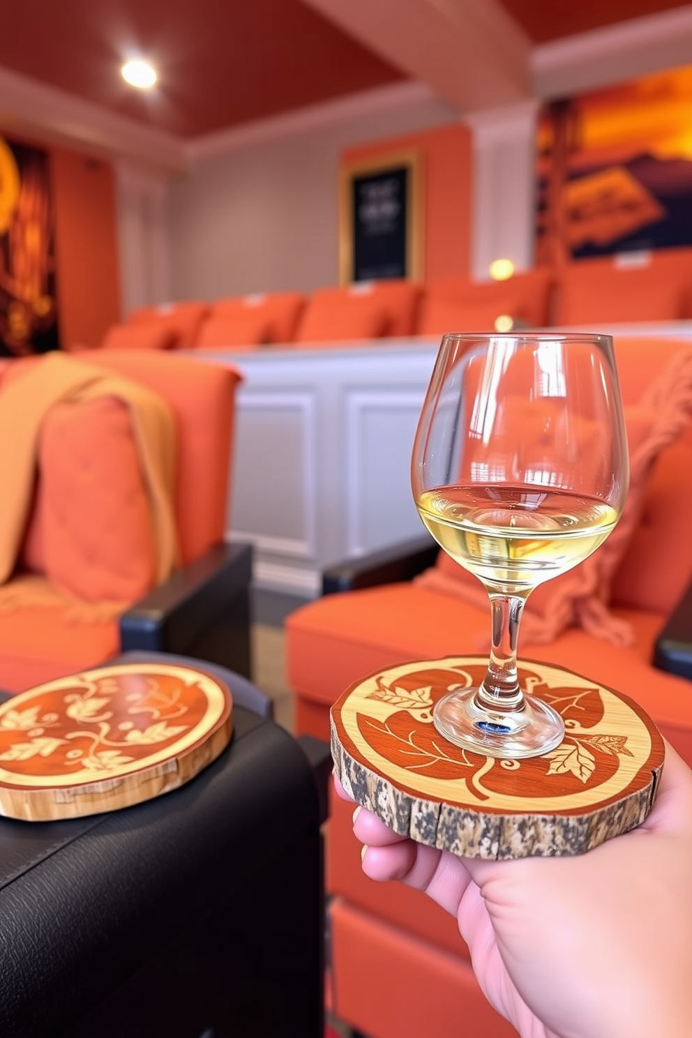 Fall-themed coasters for drinks. The coasters are made of natural wood with intricate leaf carvings and warm autumn colors. Fall Home Theater Decorating Ideas. The theater features plush seating in deep orange tones with cozy throw blankets and soft lighting that mimics a warm sunset.