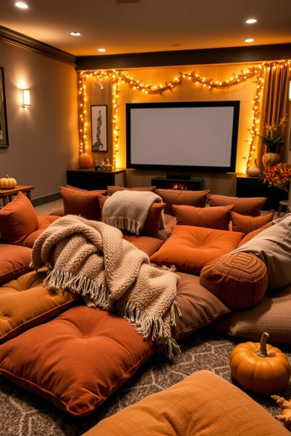 Comfortable floor cushions in various textures and warm autumn colors are scattered around a cozy living room setting. A plush throw blanket is draped over one of the cushions, creating an inviting atmosphere for movie nights. The home theater features soft ambient lighting and a large screen, with cushions arranged for optimal viewing. Decorative pumpkins and seasonal foliage are placed around the room to enhance the fall theme.