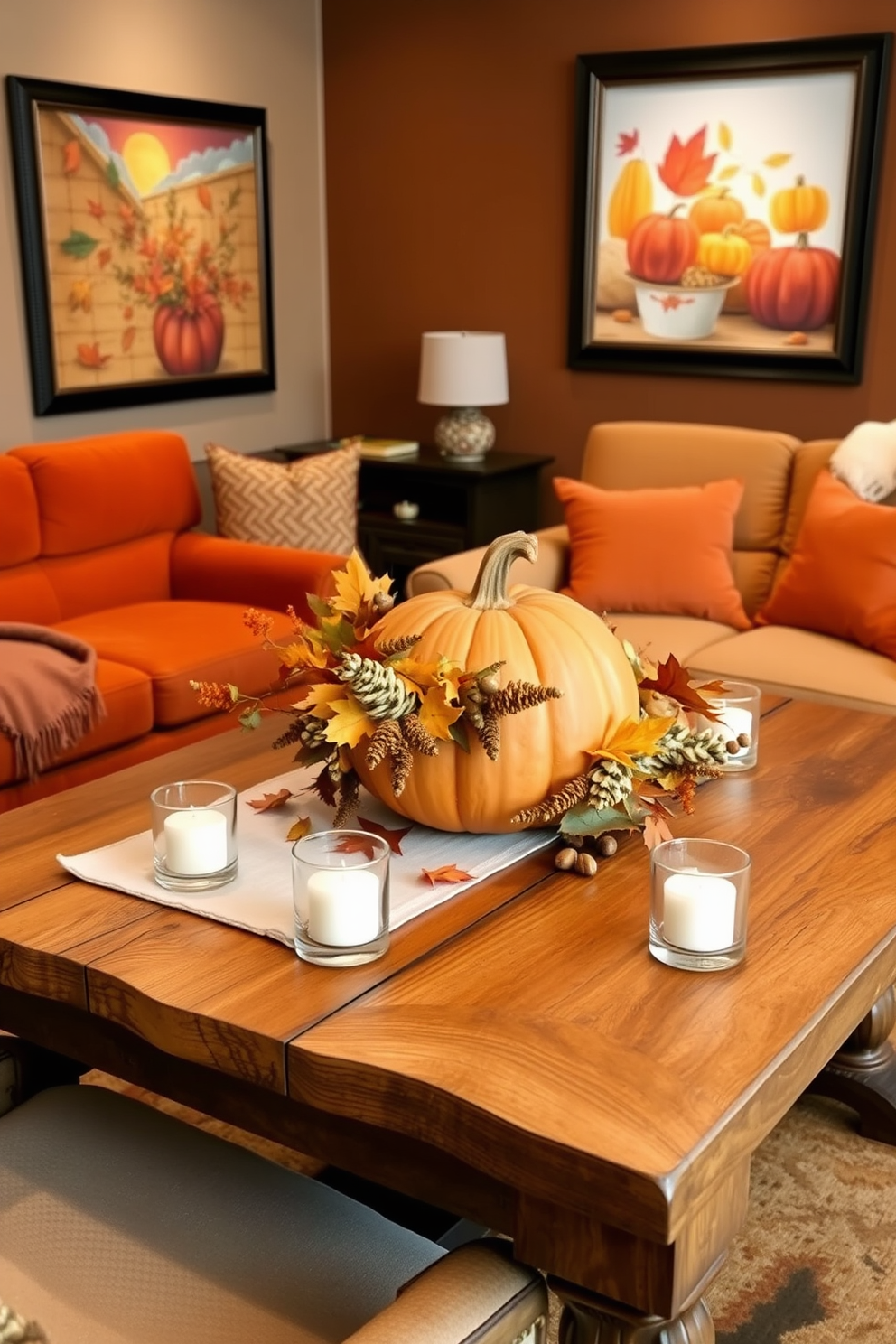 Autumn-inspired centerpieces on tables feature a rustic wooden table adorned with a variety of seasonal elements. A large pumpkin sits at the center, surrounded by colorful leaves, acorns, and small candles in glass holders. Fall home theater decorating ideas include plush seating in warm tones of orange and brown. The walls are adorned with framed autumn-themed artwork, and cozy throw blankets are draped over the armrests for added comfort.