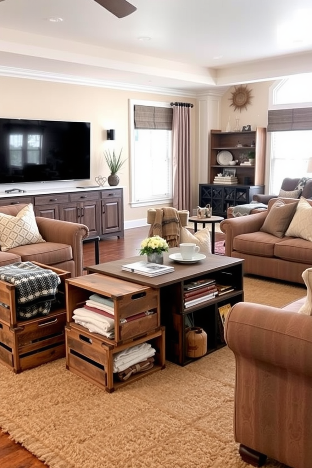 A cozy living room featuring wooden crates as rustic storage solutions. The crates are stacked creatively to form a unique coffee table and provide easy access to blankets and magazines. A stylish home theater designed for fall entertainment. Plush seating is arranged around a large screen, with warm-toned decor and soft lighting to create an inviting atmosphere.