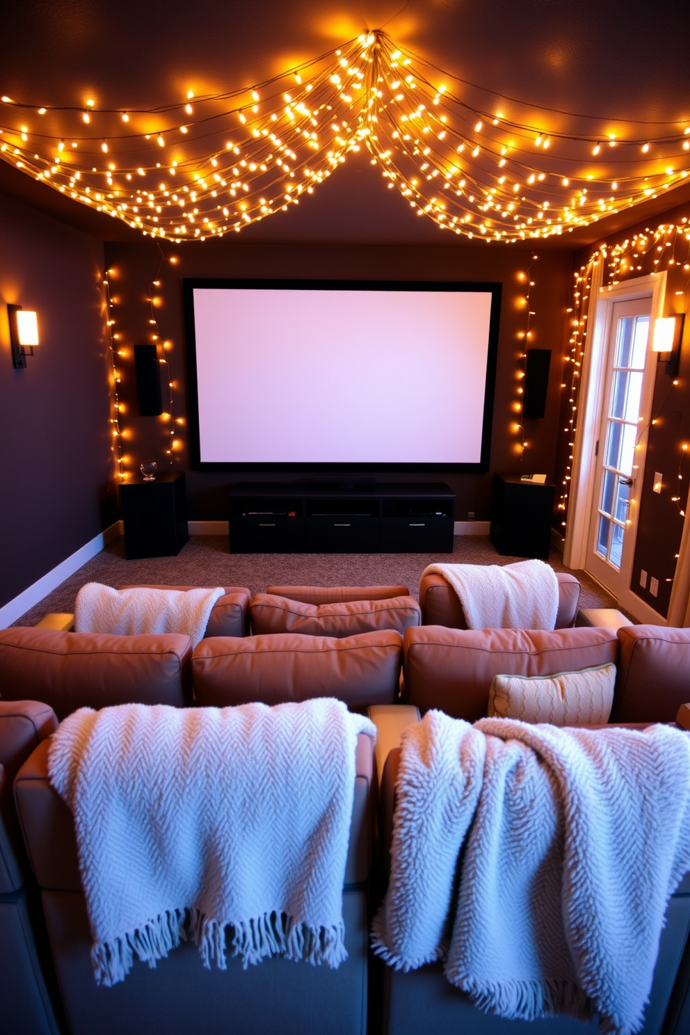 A cozy home theater setting adorned with warm lighting created by string fairy lights. Plush seating is arranged in a semi-circle facing a large screen, with soft throw blankets draped over the chairs.