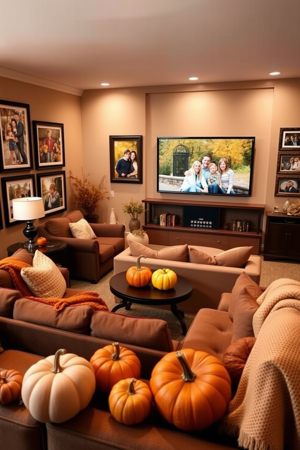 Framed family photos in warm fall colors adorn the walls of a cozy living room. The rich hues of orange, red, and yellow create a welcoming atmosphere that complements the soft lighting. The home theater features plush seating arranged for optimal viewing, with a large screen mounted on a feature wall. Autumn-themed decor, such as decorative pumpkins and cozy throw blankets, enhances the seasonal ambiance.