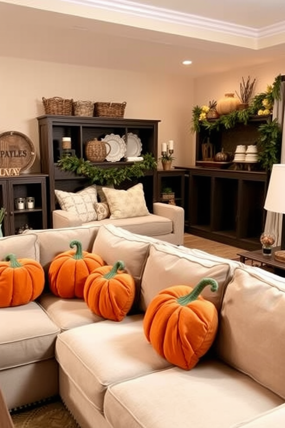 Cozy up your home theater with pumpkin-shaped pillows in warm autumn hues. Arrange them on a plush sectional sofa to create an inviting and festive atmosphere. Enhance the fall theme with soft, ambient lighting and rustic decor elements. Incorporate elements like woven baskets and seasonal garlands to complete the look.