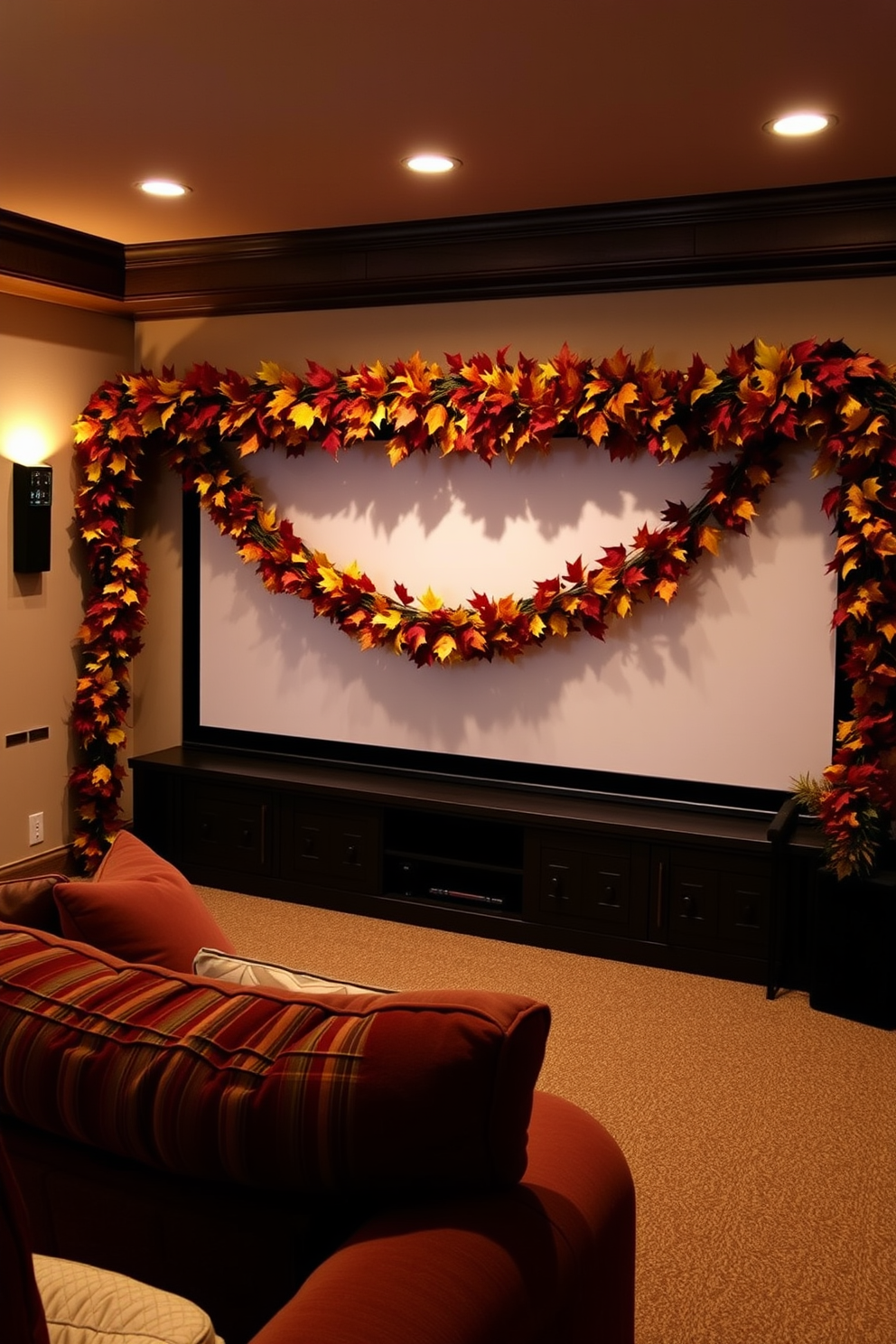 A cozy home theater adorned with a vibrant fall foliage garland draped elegantly across the screen. Plush seating in rich earth tones complements the warm ambiance created by soft lighting and seasonal decor.