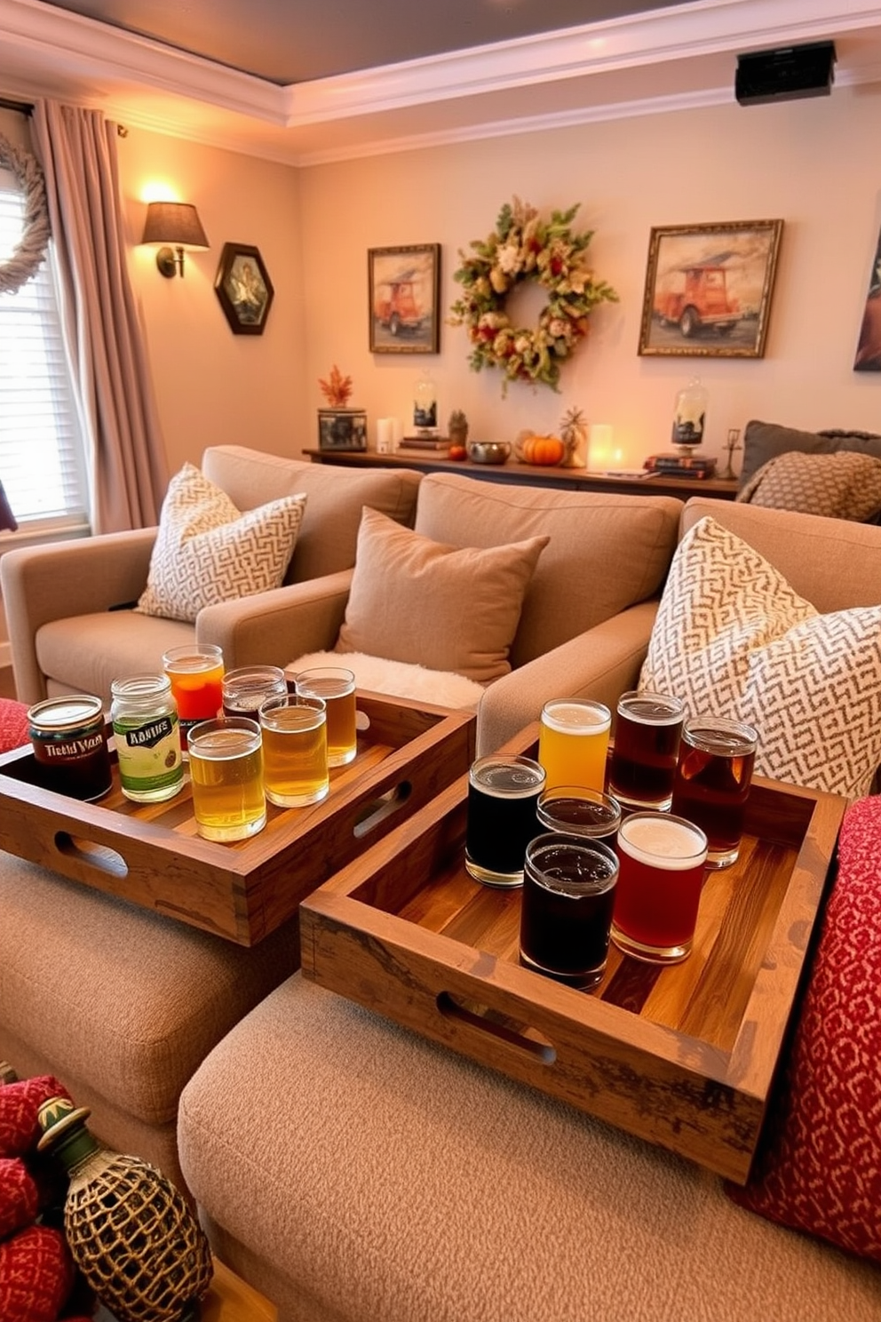 A cozy home theater setting featuring rustic wooden trays filled with an assortment of drinks and snacks. The room is adorned with plush seating, warm lighting, and autumn-themed decorations to create an inviting atmosphere for movie nights.