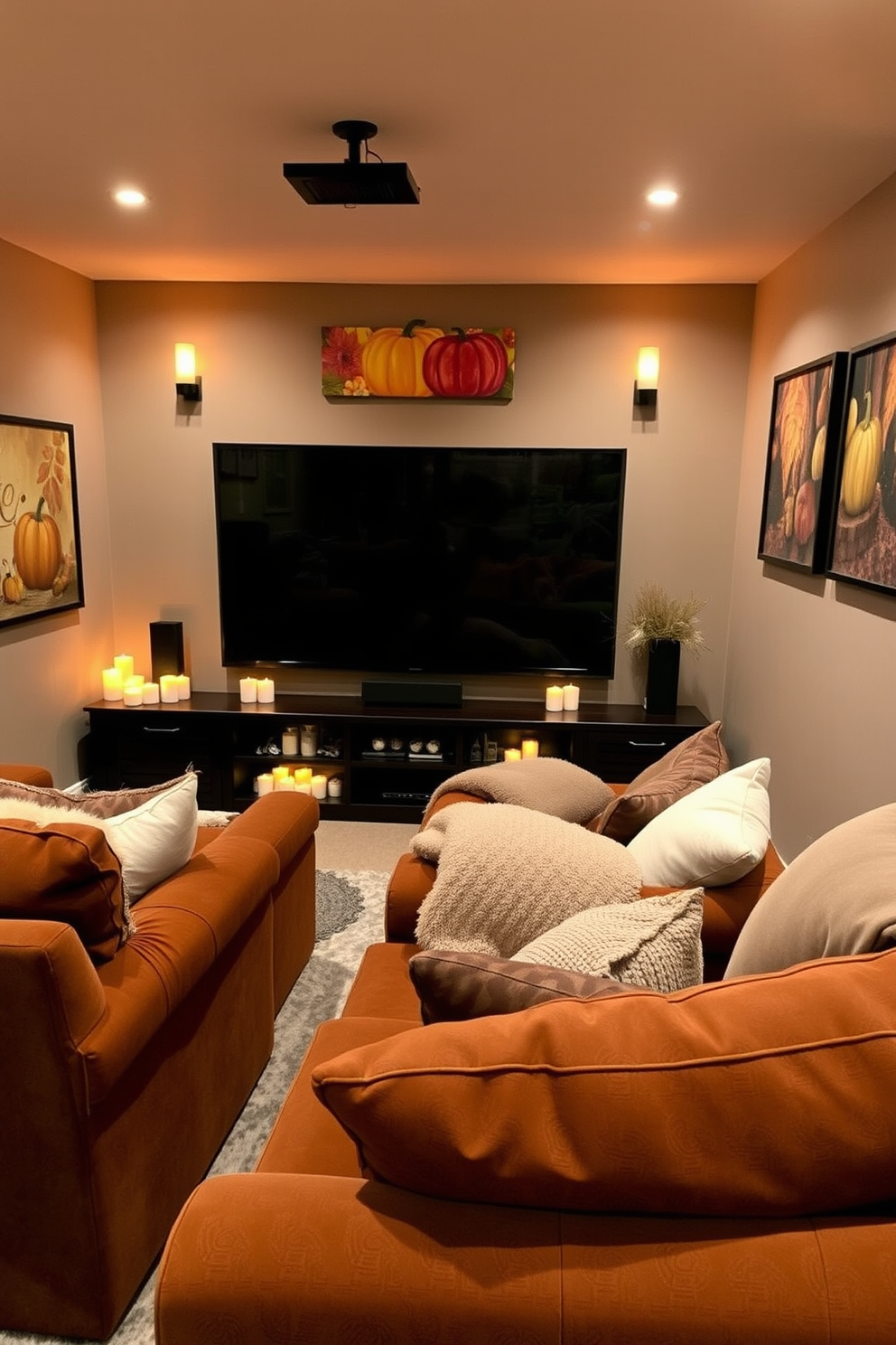 A cozy home theater setting filled with the warm glow of cinnamon-scented candles. Plush seating in rich earth tones surrounds a large screen, with soft throws draped over the armrests for added comfort. The walls are adorned with autumn-themed artwork, featuring vibrant fall colors and seasonal motifs. Soft lighting highlights the decor, creating an inviting atmosphere perfect for movie nights.