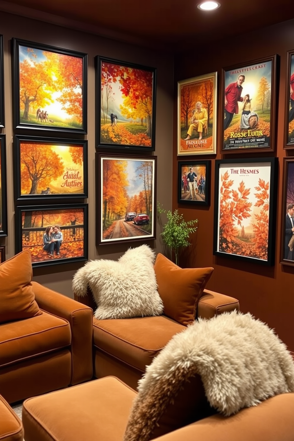 A cozy home theater decorated with vintage movie posters featuring vibrant autumn scenes. The walls are adorned with a collection of framed posters showcasing classic films set against a backdrop of fall foliage. Plush seating in warm tones complements the nostalgic decor, creating an inviting space for movie nights. Soft ambient lighting enhances the autumnal atmosphere, making it perfect for cozy gatherings.