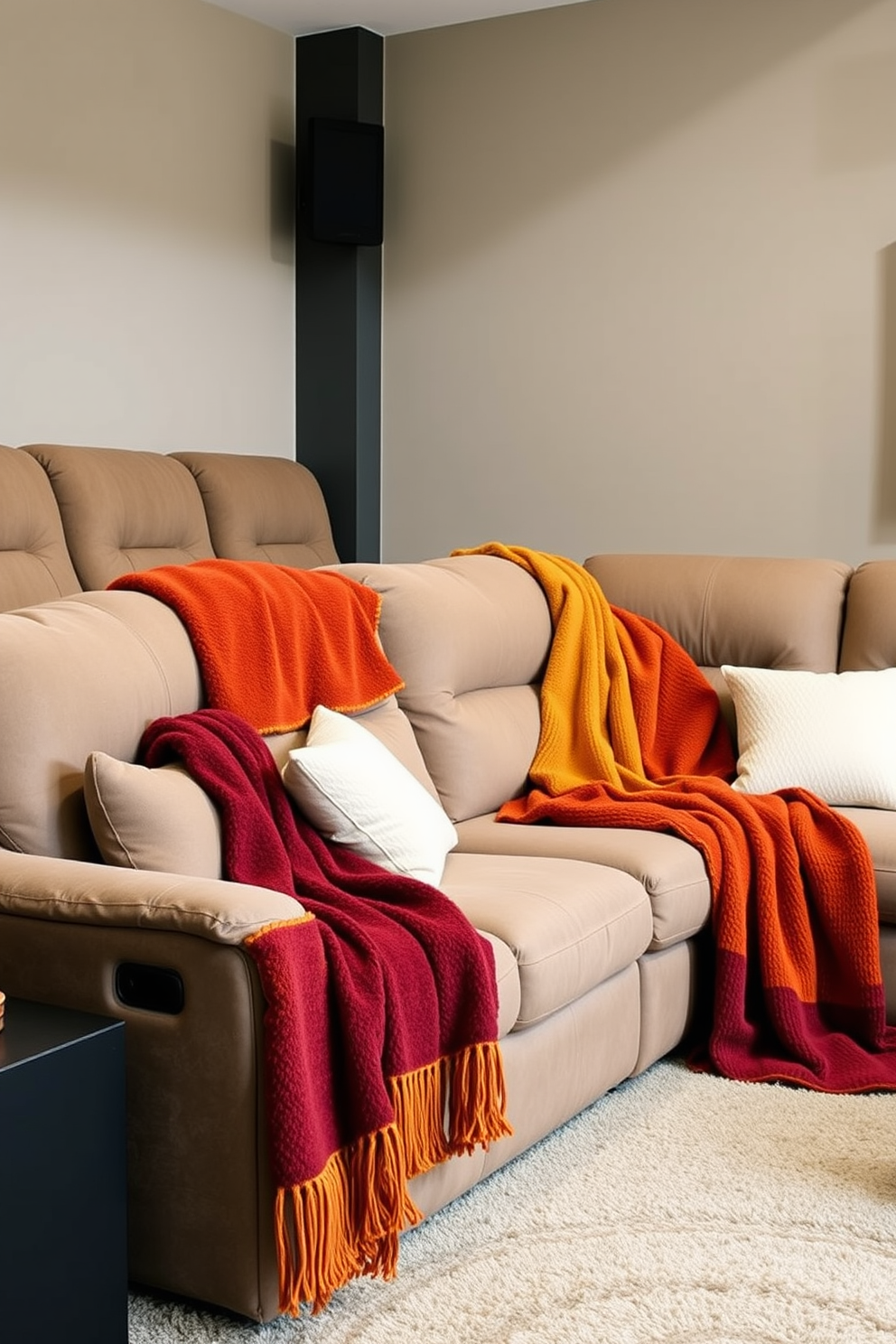 A cozy home theater setting adorned with plush throws in rich autumn colors. The seating area features a large sectional sofa, layered with deep orange, burgundy, and mustard yellow throws that invite relaxation and warmth.