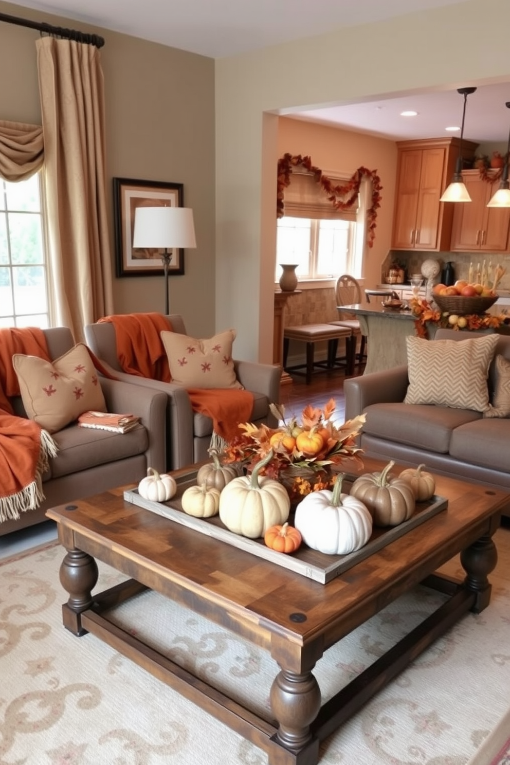 A cozy living room features warm throw blankets draped over stylish chairs inviting relaxation. The autumn-inspired decor includes pumpkins and gourds artfully arranged on a rustic coffee table, enhancing the seasonal charm. In the kitchen, a warm color palette sets the tone with rich oranges and browns. Decorative elements like a woven basket filled with apples and a garland of fall leaves adorn the countertops, creating a welcoming atmosphere.