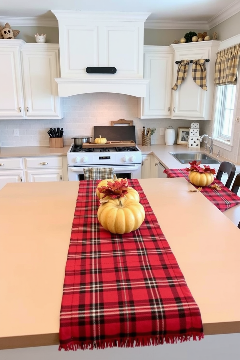 A cozy kitchen adorned with plaid table runners that add a touch of warmth and charm. The countertops are decorated with seasonal pumpkins and autumn leaves, creating a welcoming atmosphere for family gatherings.