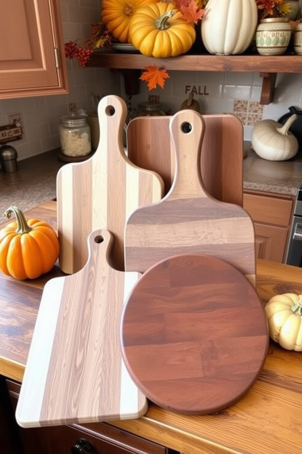 A cozy fall kitchen setting showcasing decorative cutting boards arranged artistically on a rustic wooden countertop. The backdrop features warm autumn colors with pumpkins and gourds placed strategically around the cutting boards to enhance the seasonal theme.