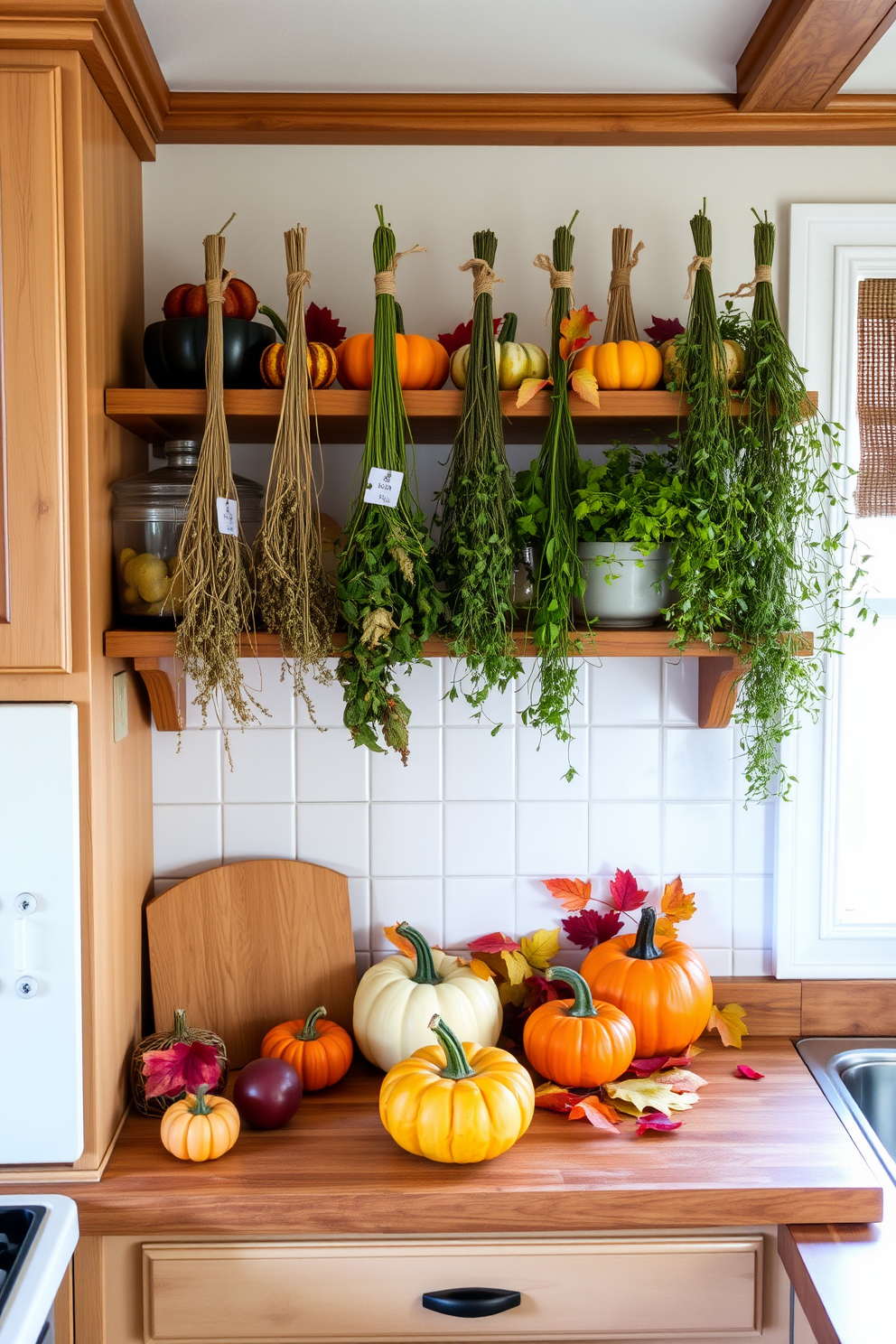 A cozy kitchen adorned with hanging dried herbs that infuse the air with delightful fragrances. The warm wooden shelves display an array of colorful fall decorations, including miniature pumpkins and autumn leaves.