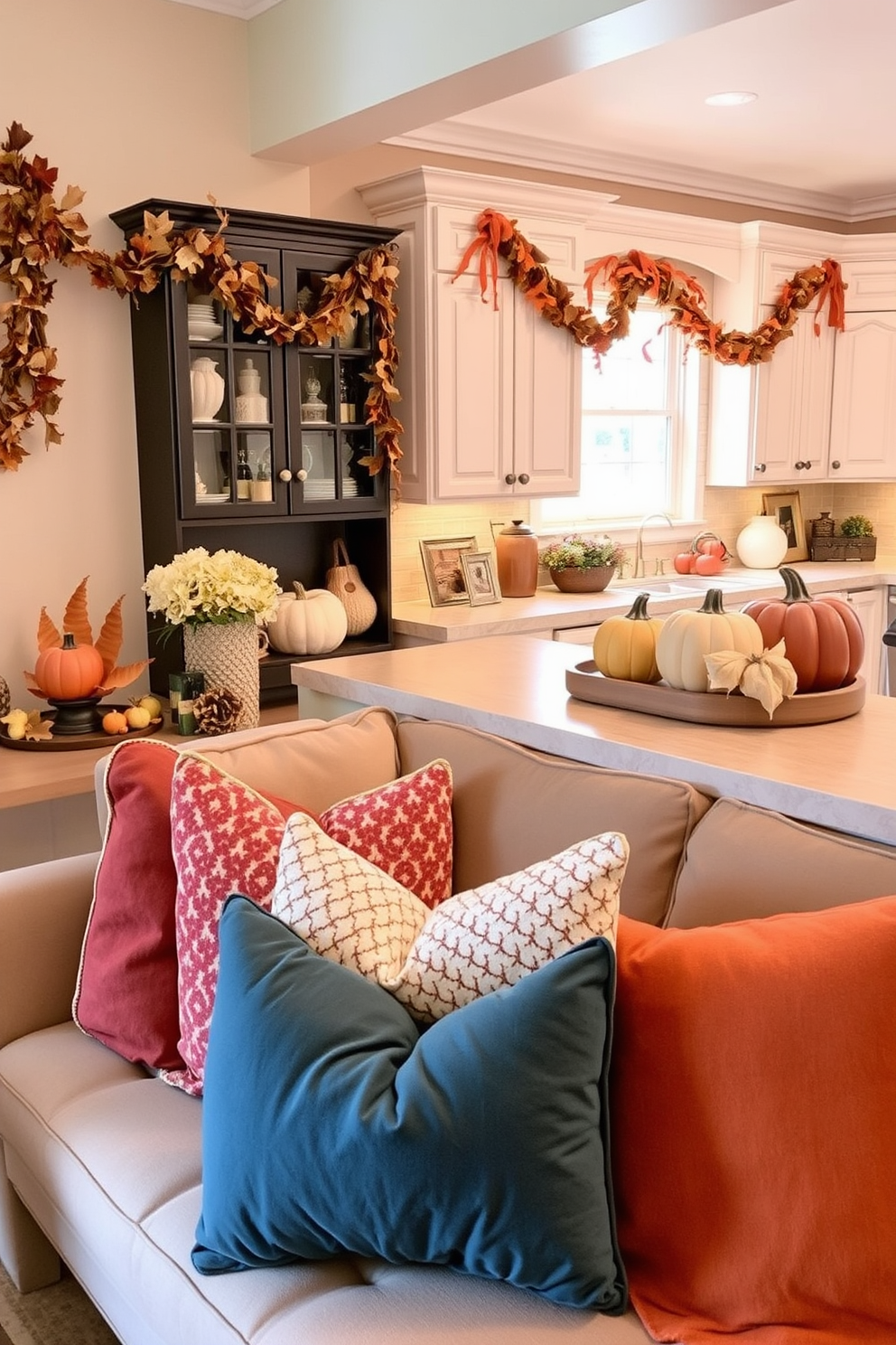 Cozy seating area with pillows. The space features a plush sofa adorned with an array of colorful throw pillows, creating an inviting atmosphere for relaxation. Fall kitchen decorating ideas. The kitchen showcases warm autumn hues with decorative pumpkins on the countertop and garlands of dried leaves hanging above the cabinets.