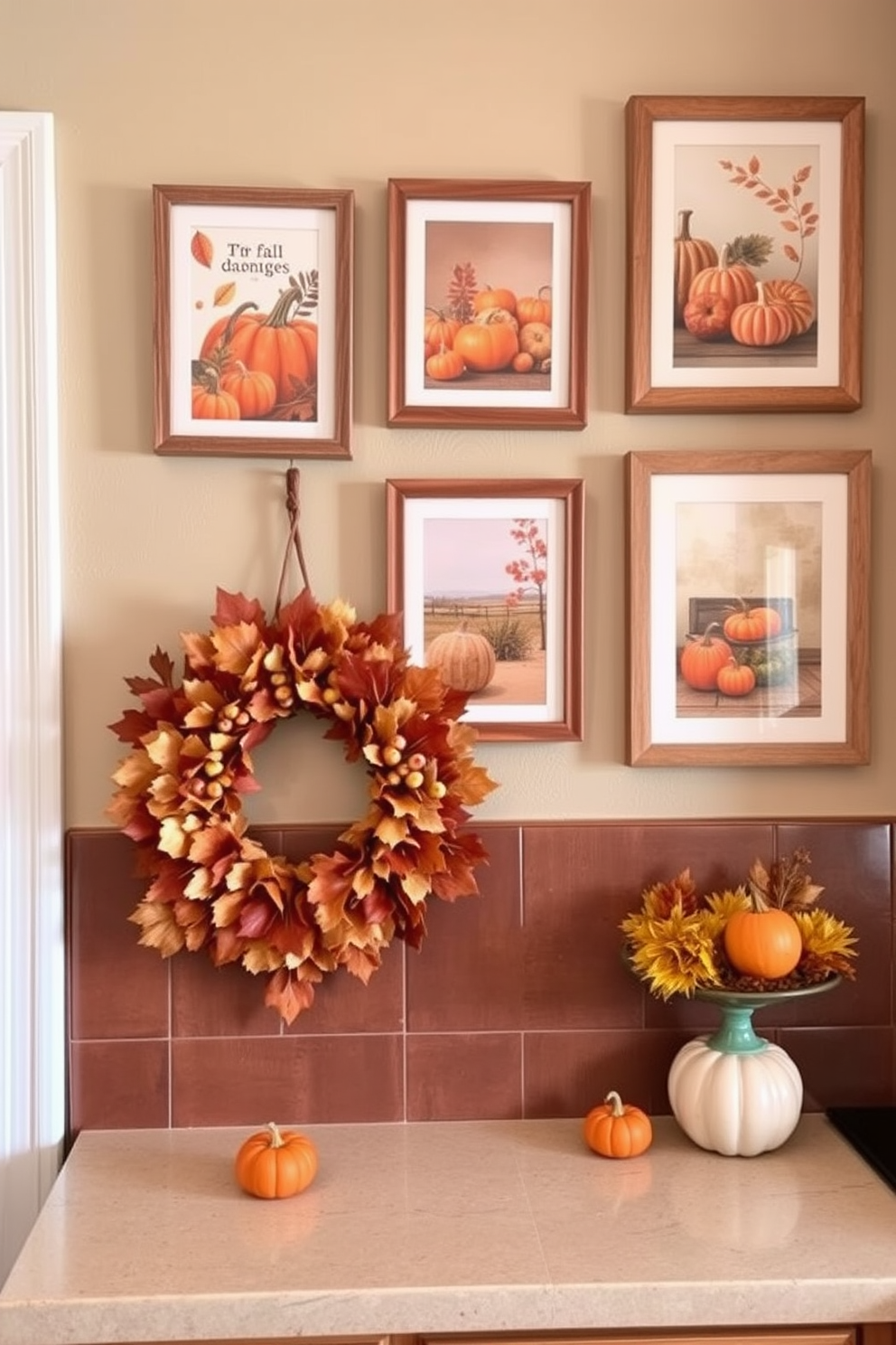 A cozy fall-themed wall art display featuring a collection of prints in warm autumn colors. The prints include images of pumpkins, falling leaves, and harvest scenes, all framed in rustic wooden frames. A charming fall kitchen decorated with seasonal accents such as a wreath made of dried leaves and mini pumpkins on the countertop. The color palette includes rich oranges, deep reds, and golden yellows, creating a warm and inviting atmosphere.