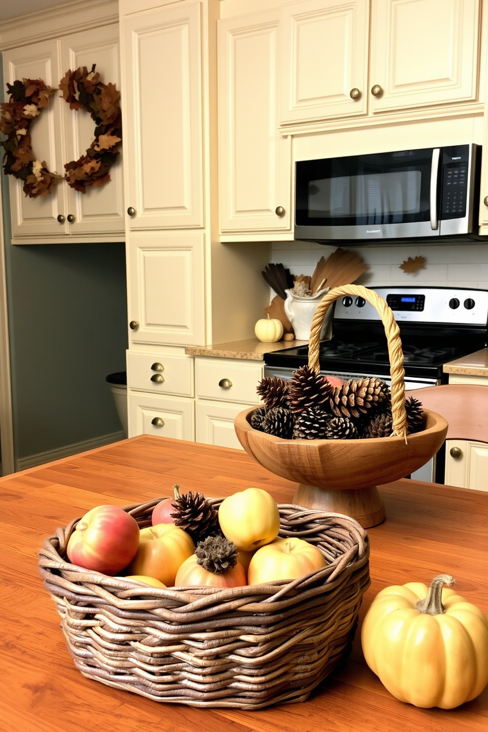 A cozy kitchen adorned with natural elements. Pinecones are artfully arranged in a rustic wooden bowl on the countertop, complemented by seasonal decorations like dried leaves and small pumpkins. The cabinets are painted in a warm cream color, creating a welcoming atmosphere. A woven basket filled with fresh apples sits on the dining table, enhancing the autumnal charm of the space.