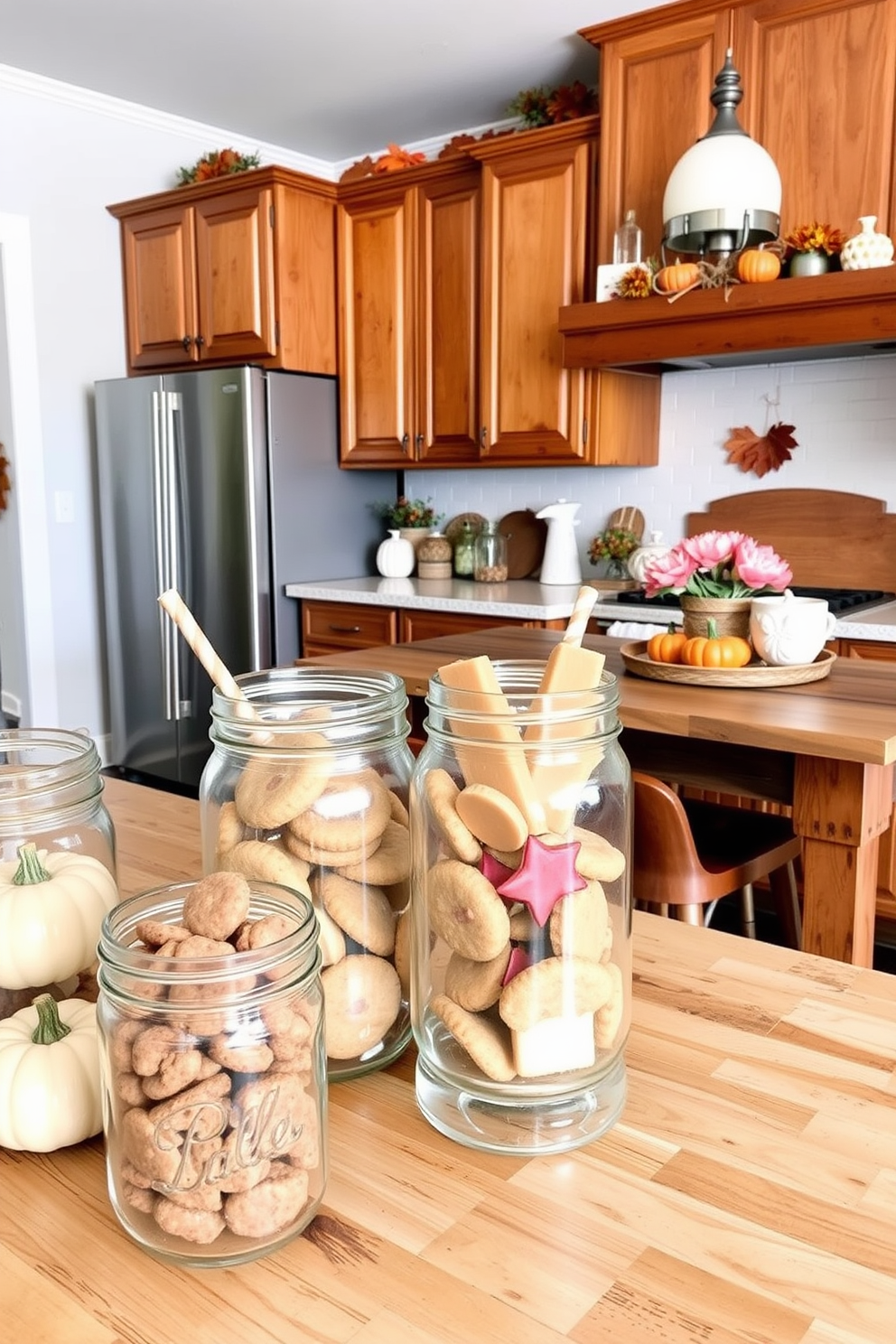 A cozy fall kitchen setting filled with mason jars showcasing seasonal treats like pumpkin spice cookies and caramel apples. The kitchen features warm wooden cabinets, a rustic farmhouse table, and autumn-themed decorations scattered throughout.