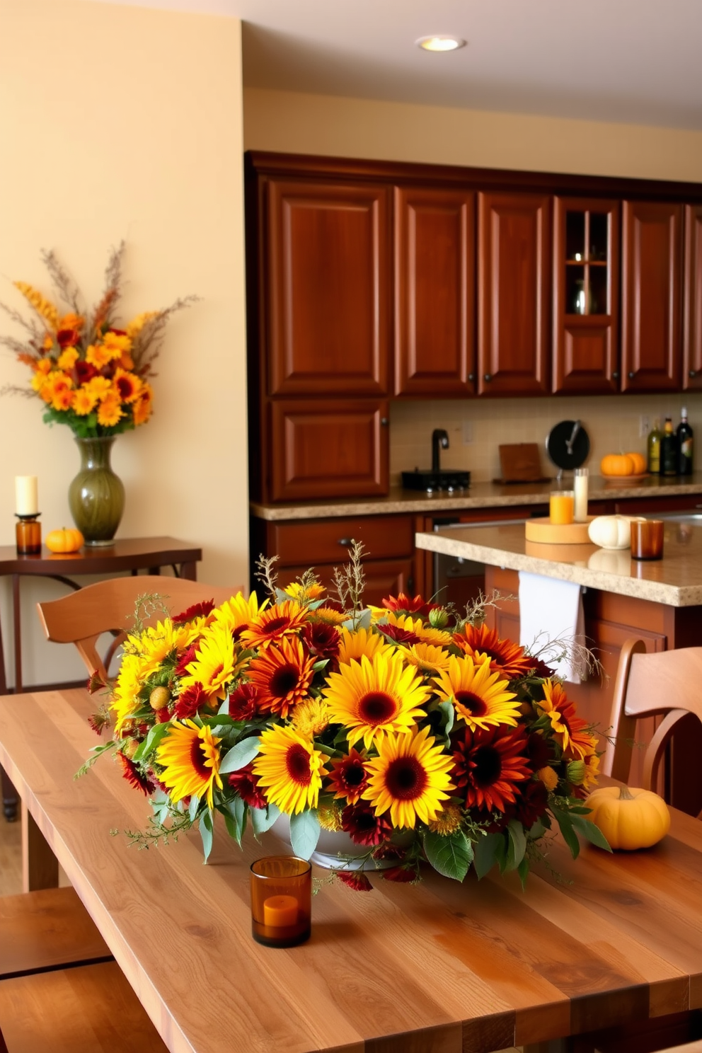 A cozy kitchen adorned with floral arrangements featuring vibrant autumn blooms. The centerpiece is a rustic wooden table set with a bouquet of sunflowers, dahlias, and chrysanthemums in warm hues of orange, yellow, and burgundy. On the countertops, seasonal decorations include small pumpkins and candles in amber glass holders. The walls are painted a warm cream color, complementing the rich wooden cabinetry and the inviting atmosphere of the space.